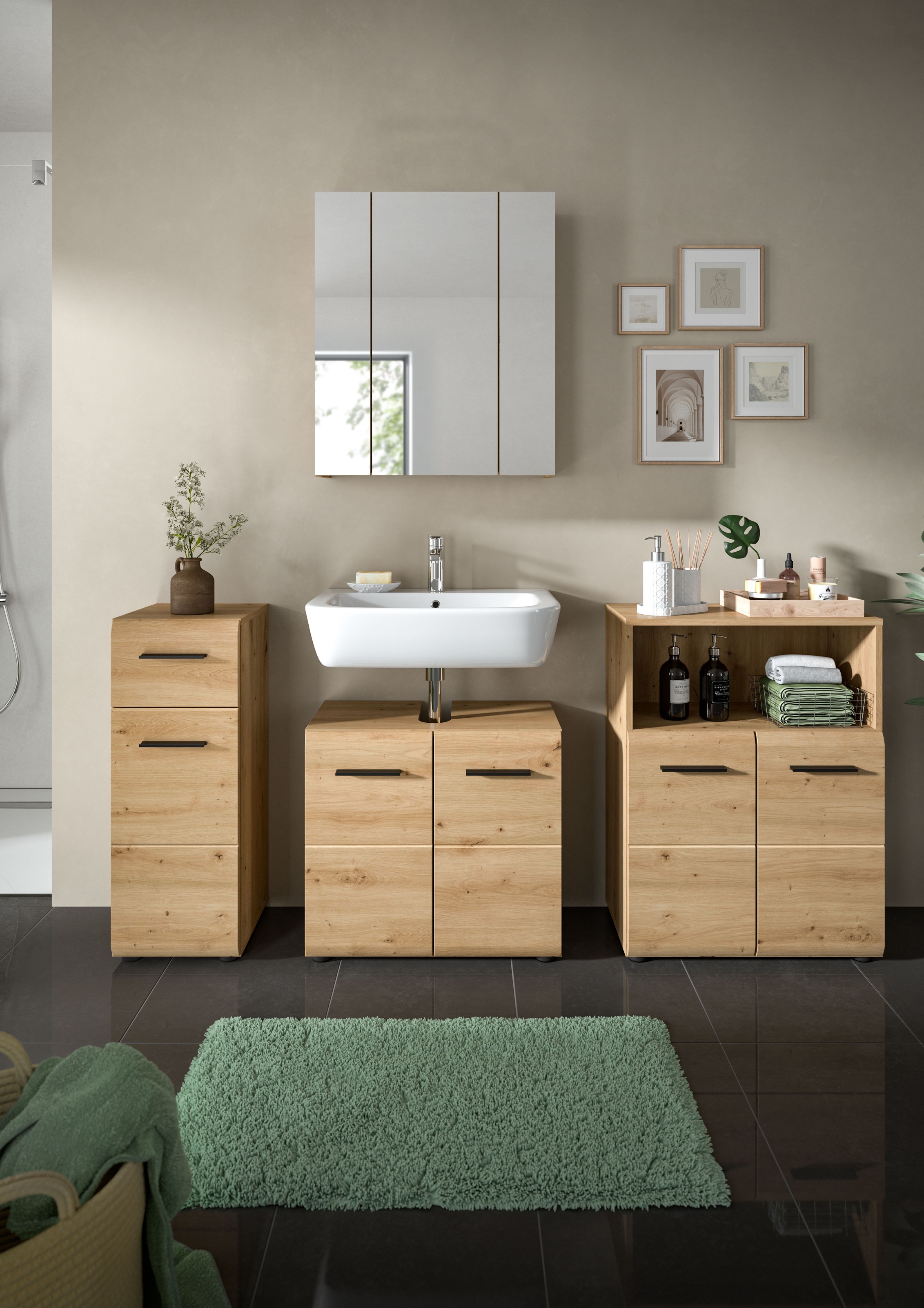 INOSIGN Badmöbel-Set »FLORENZ, TOPSELLER!, 4-teilige Badkombination, hochwertige MDF-Front«, (Set, 4 St., Unterschrank, Waschbeckenunterschrank, Spiegelschrank, Midischrank), Florenz, Badkombination 4-tlg., Artisan Oak NB, WBU, Spiegelschrank