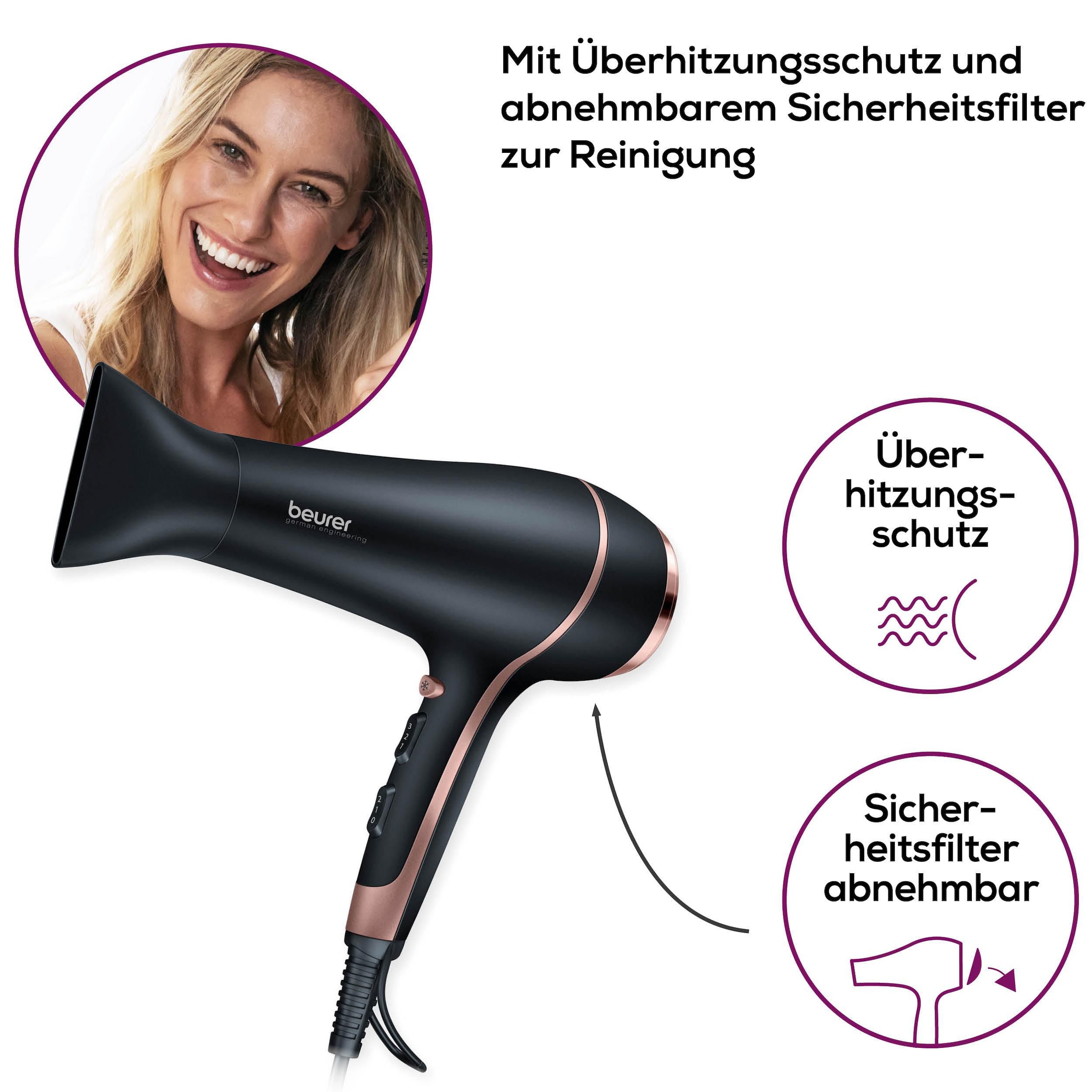 BEURER Haartrockner »HC 30 hochwertig verchromter Föhn mit extra starker Leistung«, 2200 W, 1 Aufsätze, Fixierung des Stylings dank Kaltluftstufe