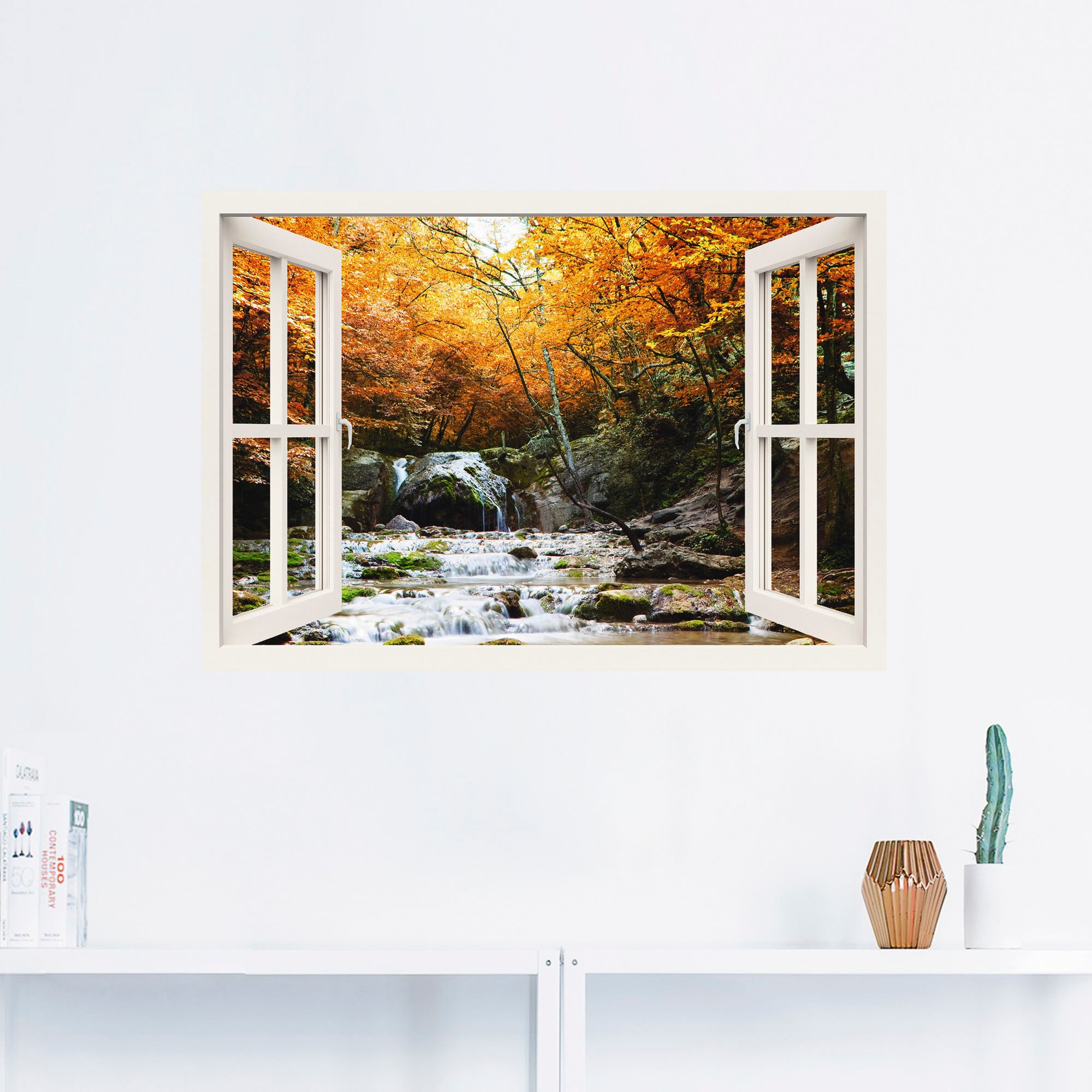 Artland als BAUR (1 Größen St.), bestellen Wandaufkleber »Fensterblick versch. Poster Leinwandbild, in | Fensterblick, oder - Wandbild Herbstlicher Wasserfall«,
