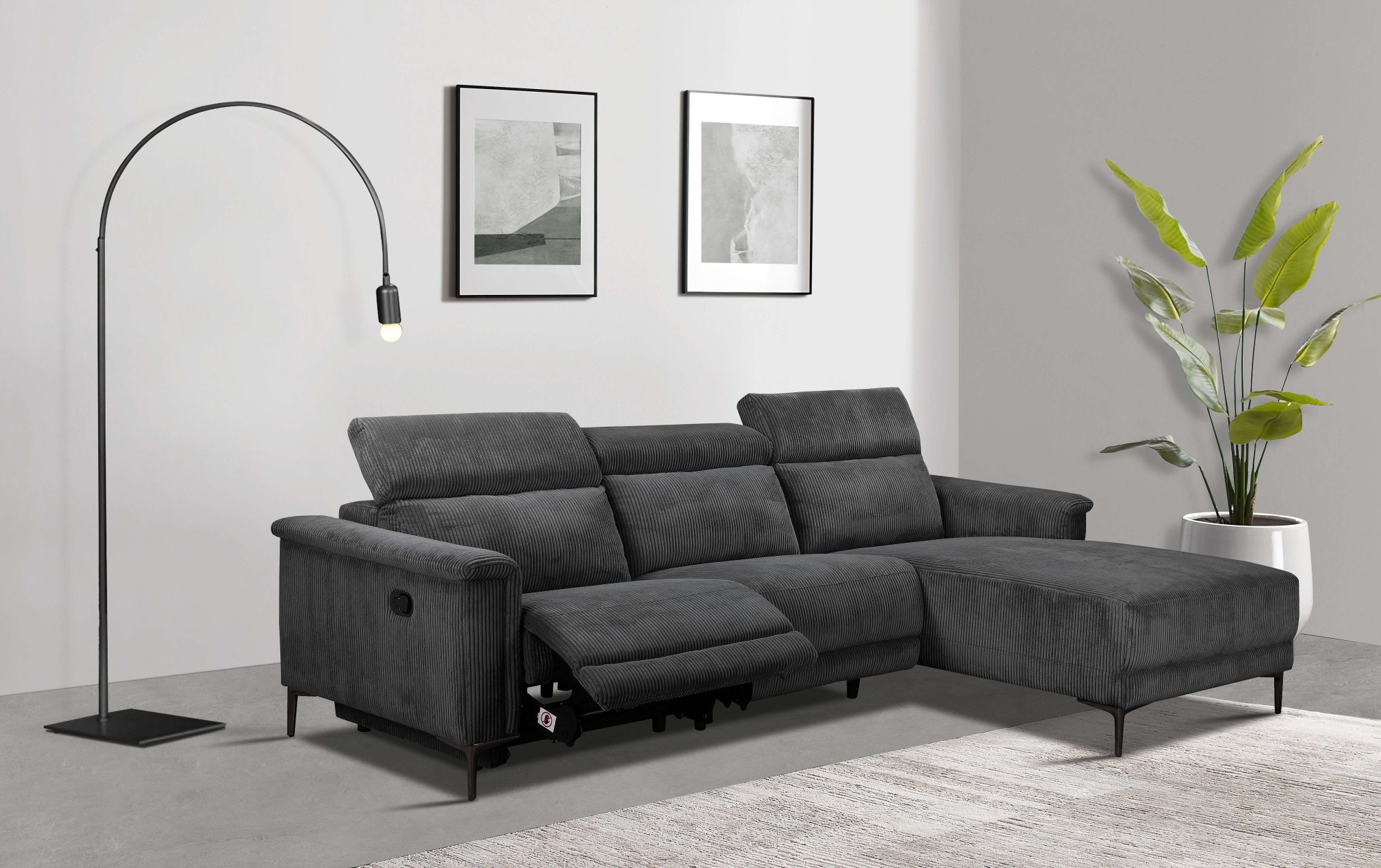 Places of Style Ecksofa »Lund in Cord, L-Form, 261 cm, manuelle und elektr. Relaxfunktion,«, USB-A und Kopfteilverstellung