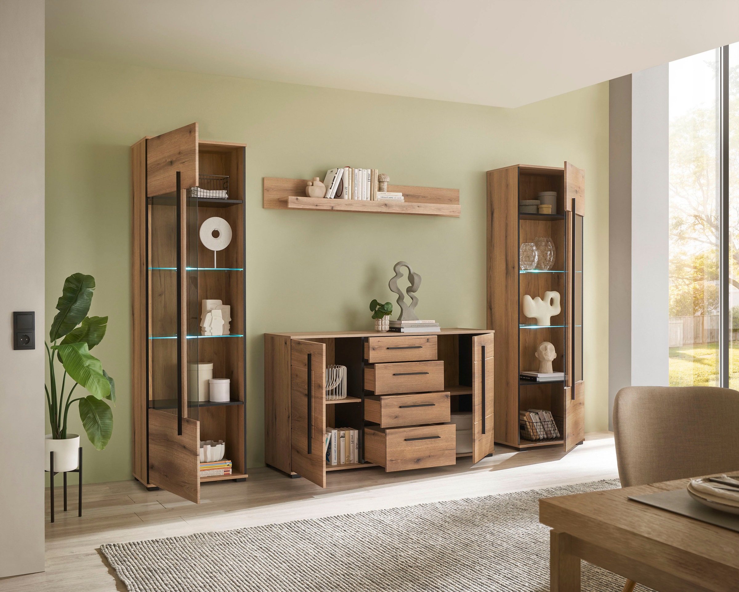 INOSIGN Wohnwand »Cantara, moderne Anbauwand, Wohnzimmer-Set, in Eiche Evoke oder Weiß«, (Set), enthält zwei Vitrinen, ein Sideboard und ein Wandboard