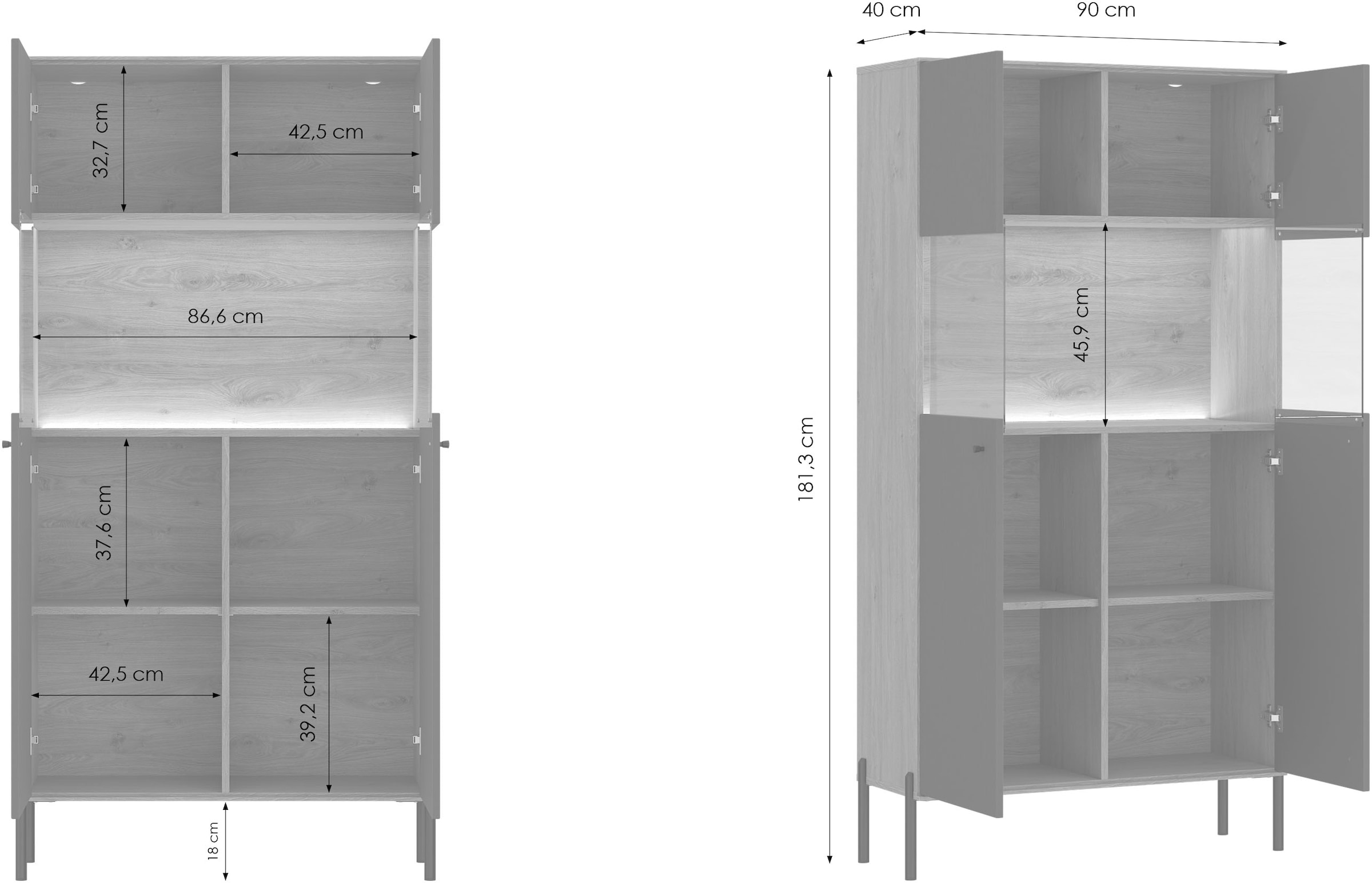 OTTO home Vitrine Vitrine, Breite 90 cm, mit geriffelten Fronten, auf Metallfüßen