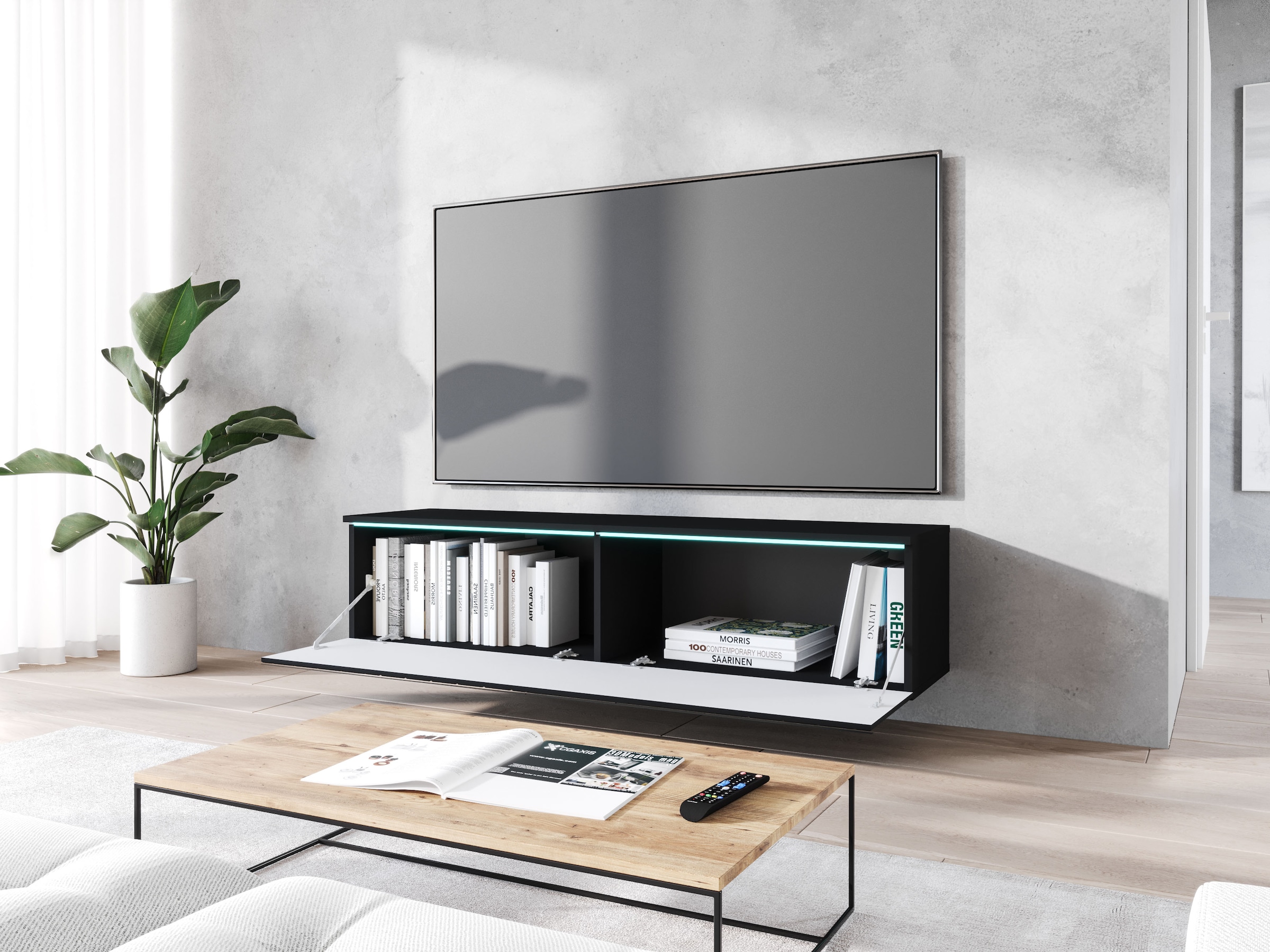 INOSIGN Lowboard »wahlweise mit oder ohne Beleuchtung«, (1 St.), 140 cm TV-Board ohne Griffe, mit viel Stauraum, stehend und hängend