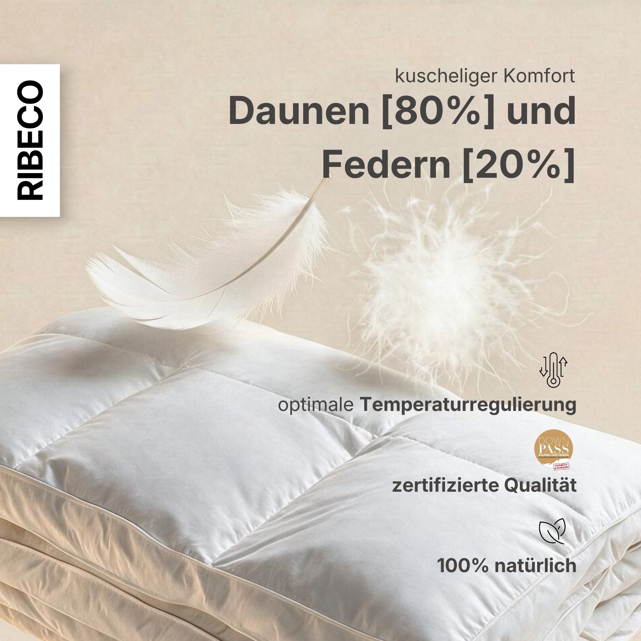 RIBECO Daunenbettdecke »Bettdecke in 135x200 und 155x220cm Topseller,« extrawarm Füllung 80Daunen20Federn 1 Stk. tlg. Daunen und Federn, Made in Germany, mit gratis 80x80 cm Kissen