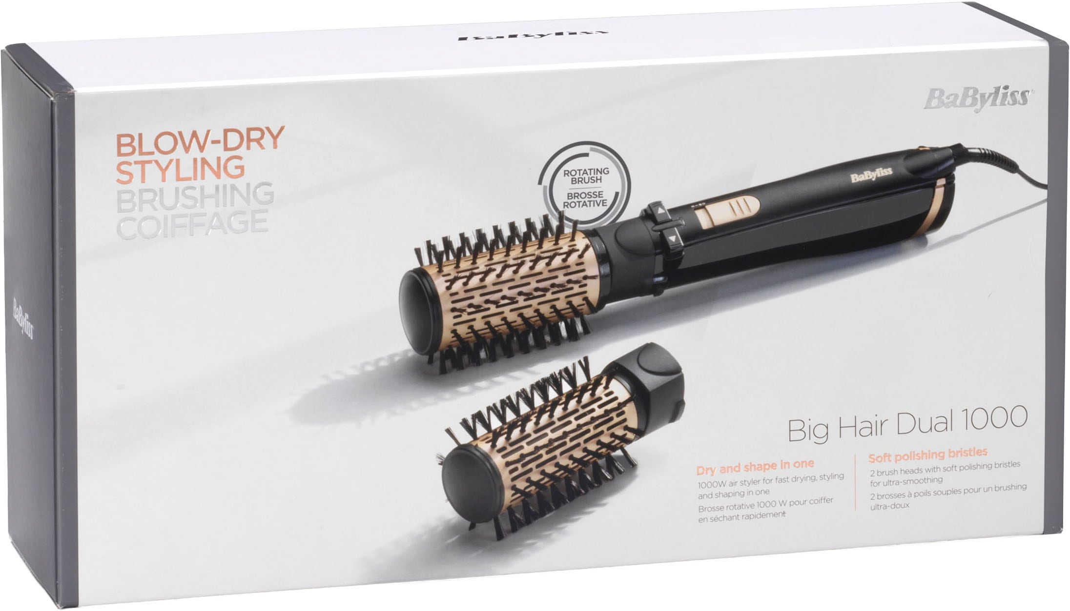 BaByliss Warmluftbürste »BaByliss Big Hair 1000 Warmluftbürste rotierend, AS962E« 2 Aufsätze Rotierender Rundbürstenföhn mit Ionen, 2 Aufsätze für Volumen, 1000 W