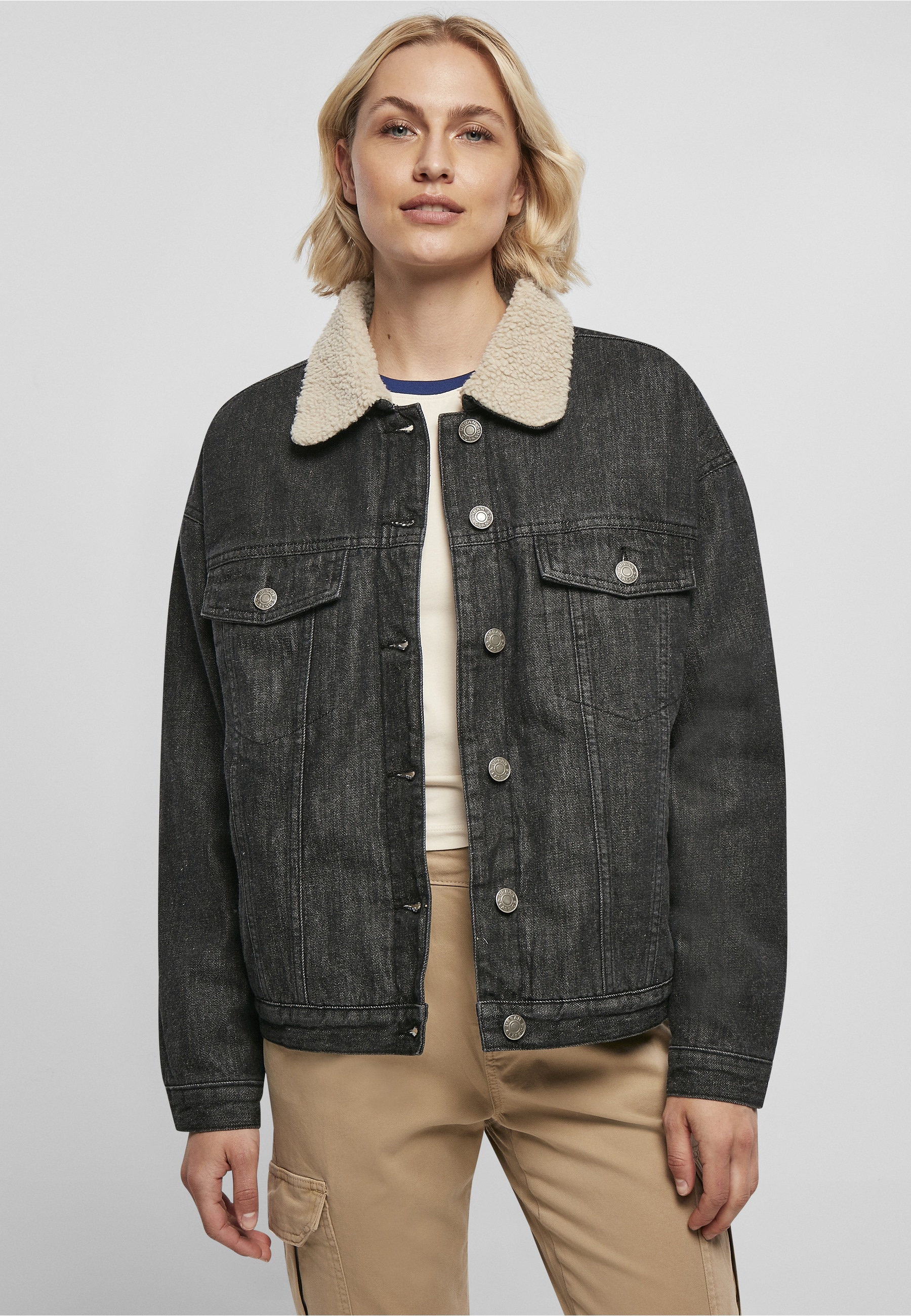 URBAN CLASSICS Jeansjacke »Urban Classics Damen Ladies Oversized Sherpa Denim Jacket« 1 Stk. tlg. ohne Kapuze