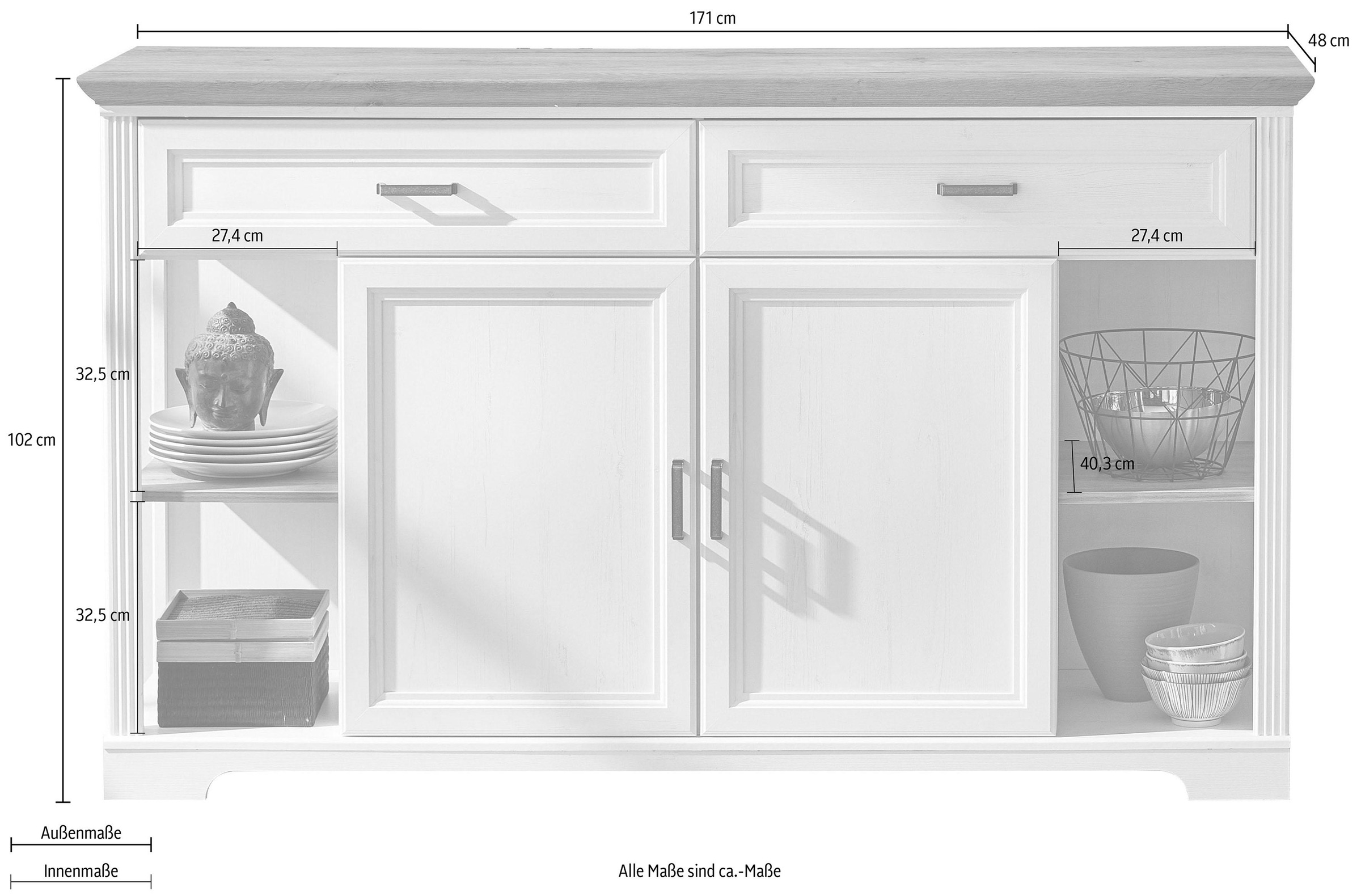 Innostyle Sideboard »Jasmin«, Breite 171 cm, 2 Holztüren, 2 Schubkästen, 4 offene Fächere