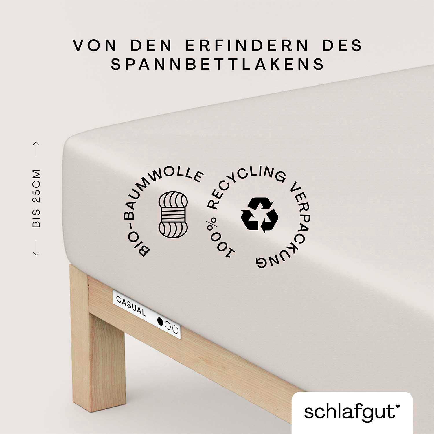Schlafgut Spannbettlaken "CASUAL Bettlaken 100% gekämmte Bio-Baumwolle, 150 g/m², Spannbetttuch" Bettlaken bis 25 cm Höhe, langlebig, weich, Antipilling-Ausrüstung