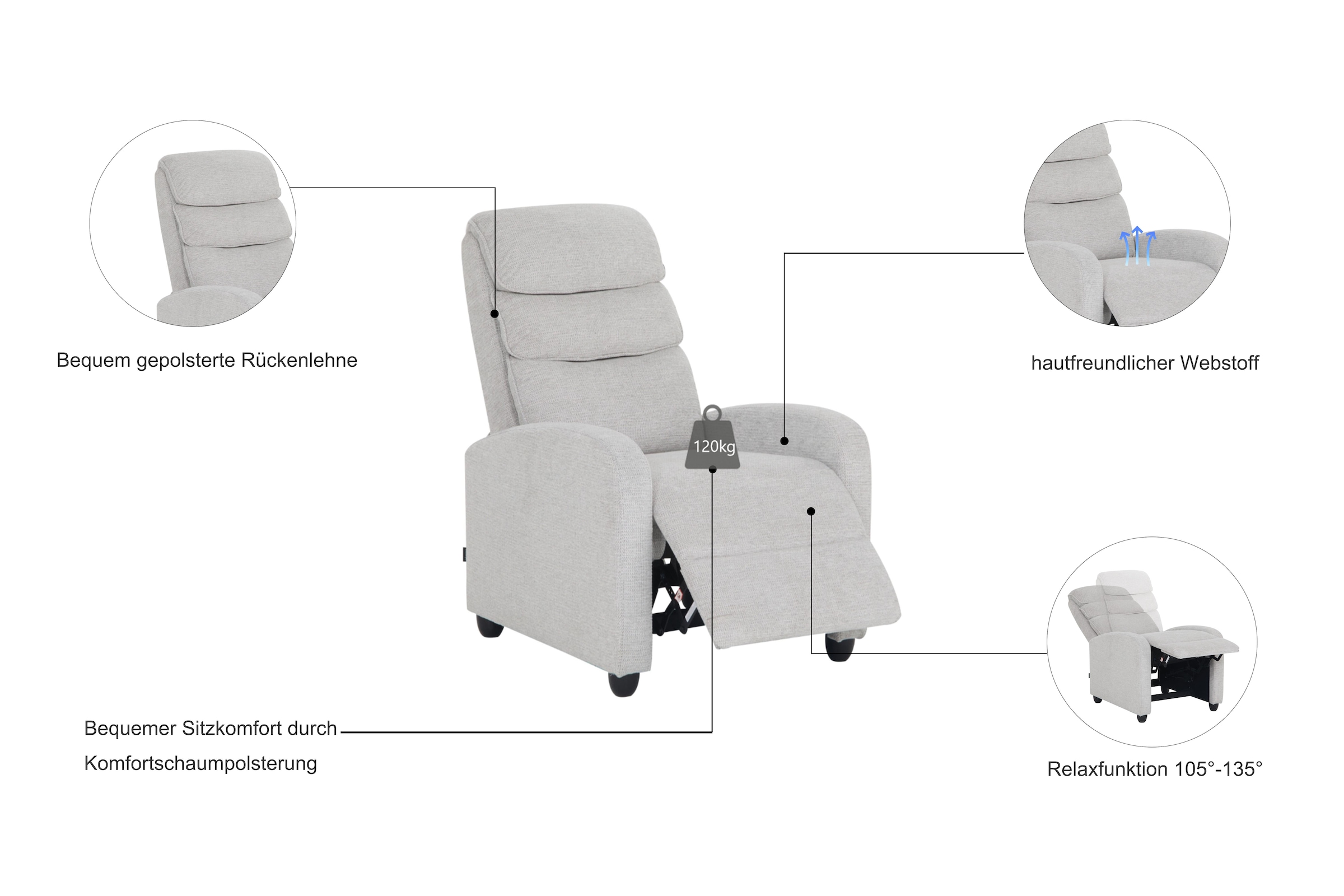 Home affaire Relaxsessel »BERVILLE, TV-Sessel, Ruhesesel mit Schlaffunktion, Webstoff«, Liegesessel mit manueller Relaxfunktion