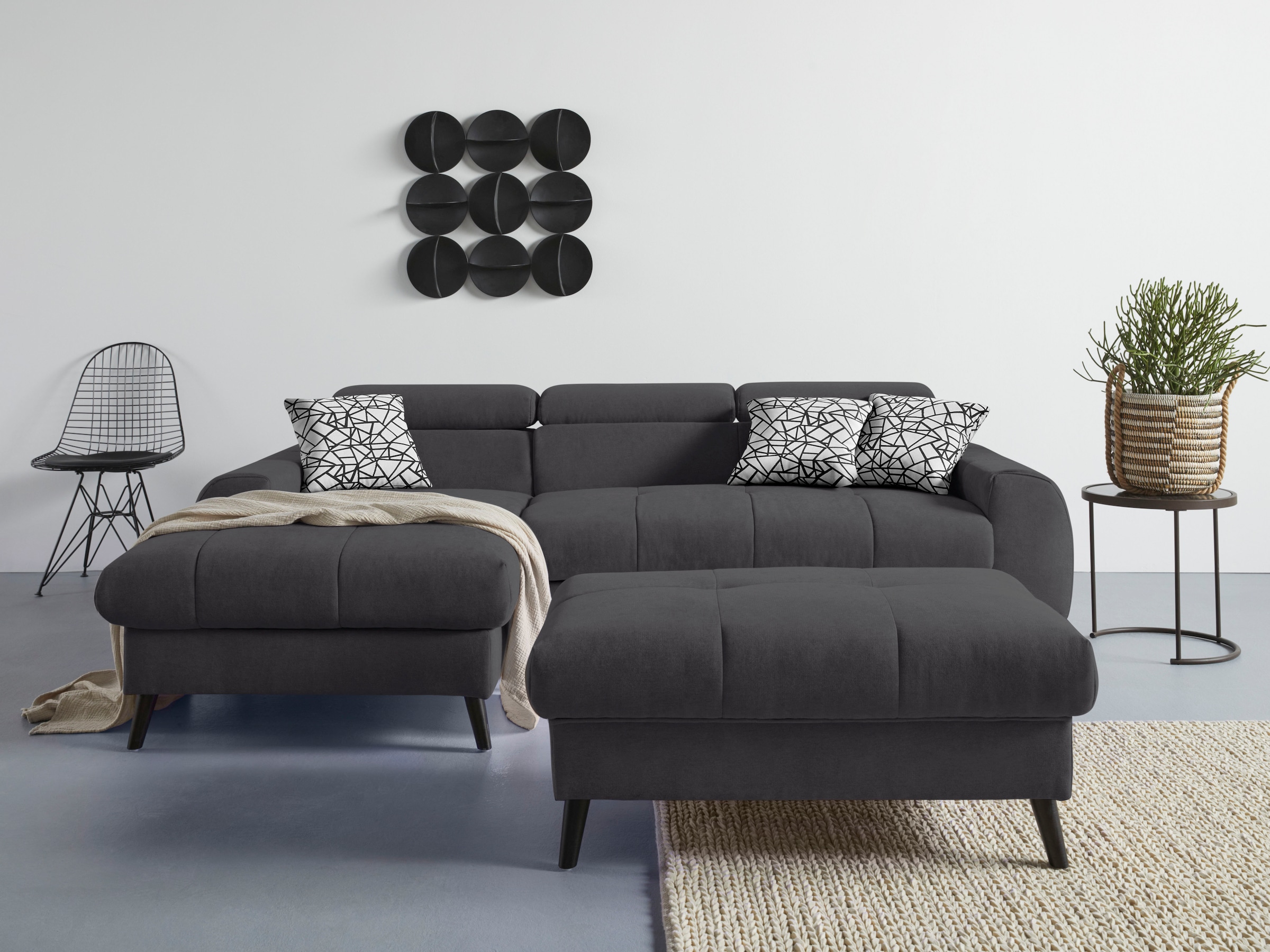 COTTA Ecksofa »Mia L-Form mit 3 Zierkissen« wahlweise mit Bettfunktion, Bettkasten, Beleuchtung & Wireless-Charger