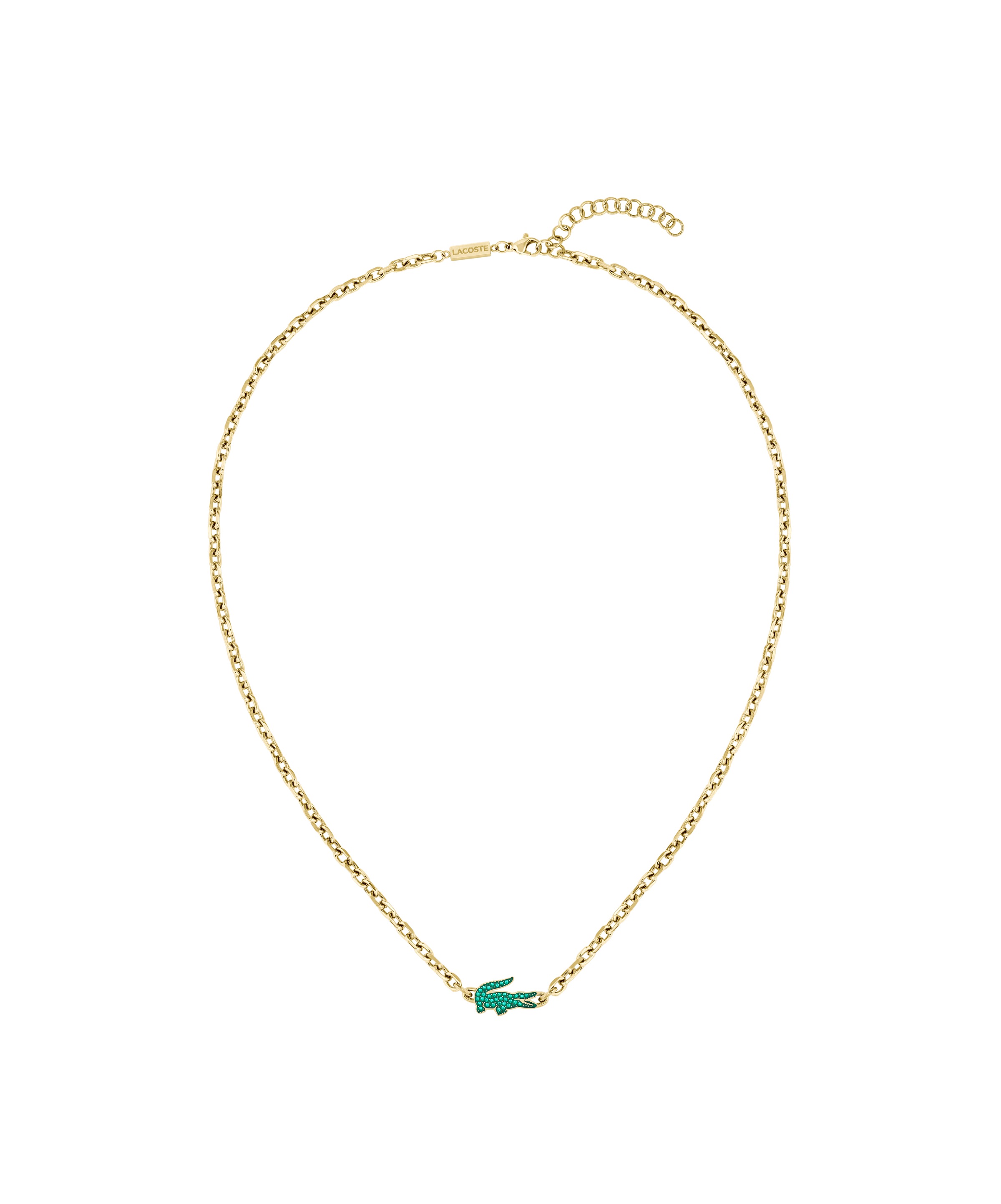 Kette mit Einhänger LACOSTE "ARTHOR", gelbgoldfarben, grün, Halsketten, Herren, Edelstahl, L: 55 B: 3mm, mit Glasstein, B:3mm