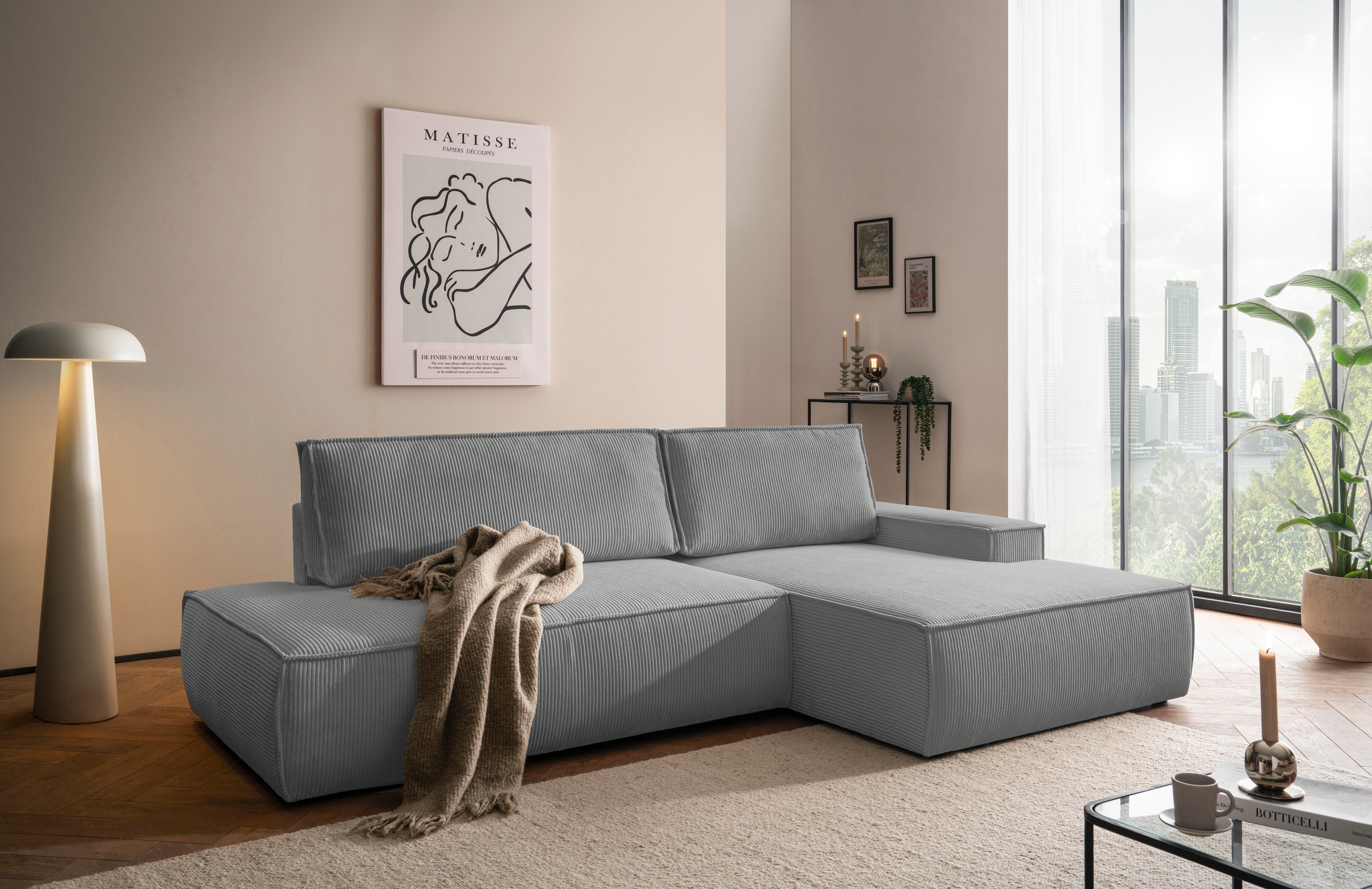 OTTO home Ecksofa "SHERWOOD Cord Schlafsofa in L-Form offen (275cm)" Schlaffunktion und Bettkasten, Kedernaht, hoher Sitz- & Liegekomfort