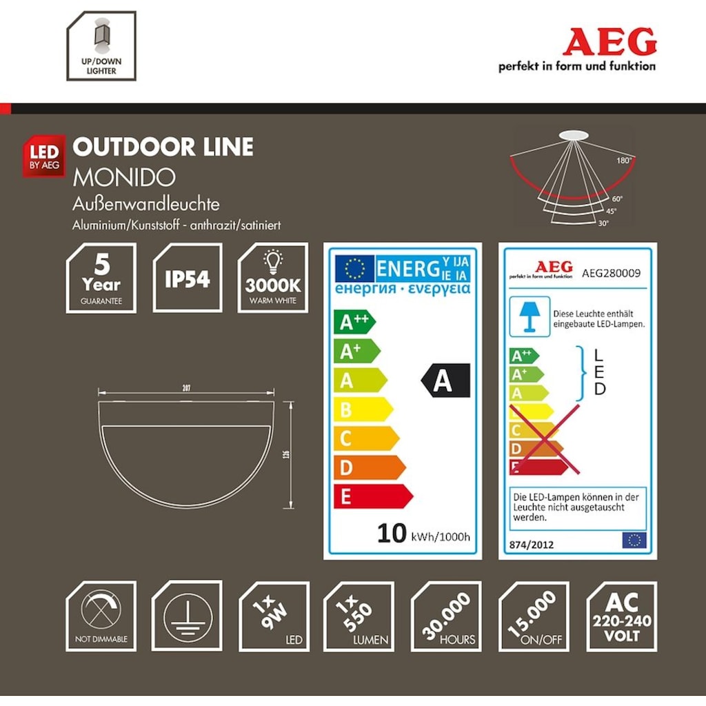 AEG LED Außen-Wandleuchte »MONIDO«, 1 flammig-flammig, 6 x 21 cm, Haustürbeleuchtung, Aluminium/Kunststoff, anthrazit/weiß