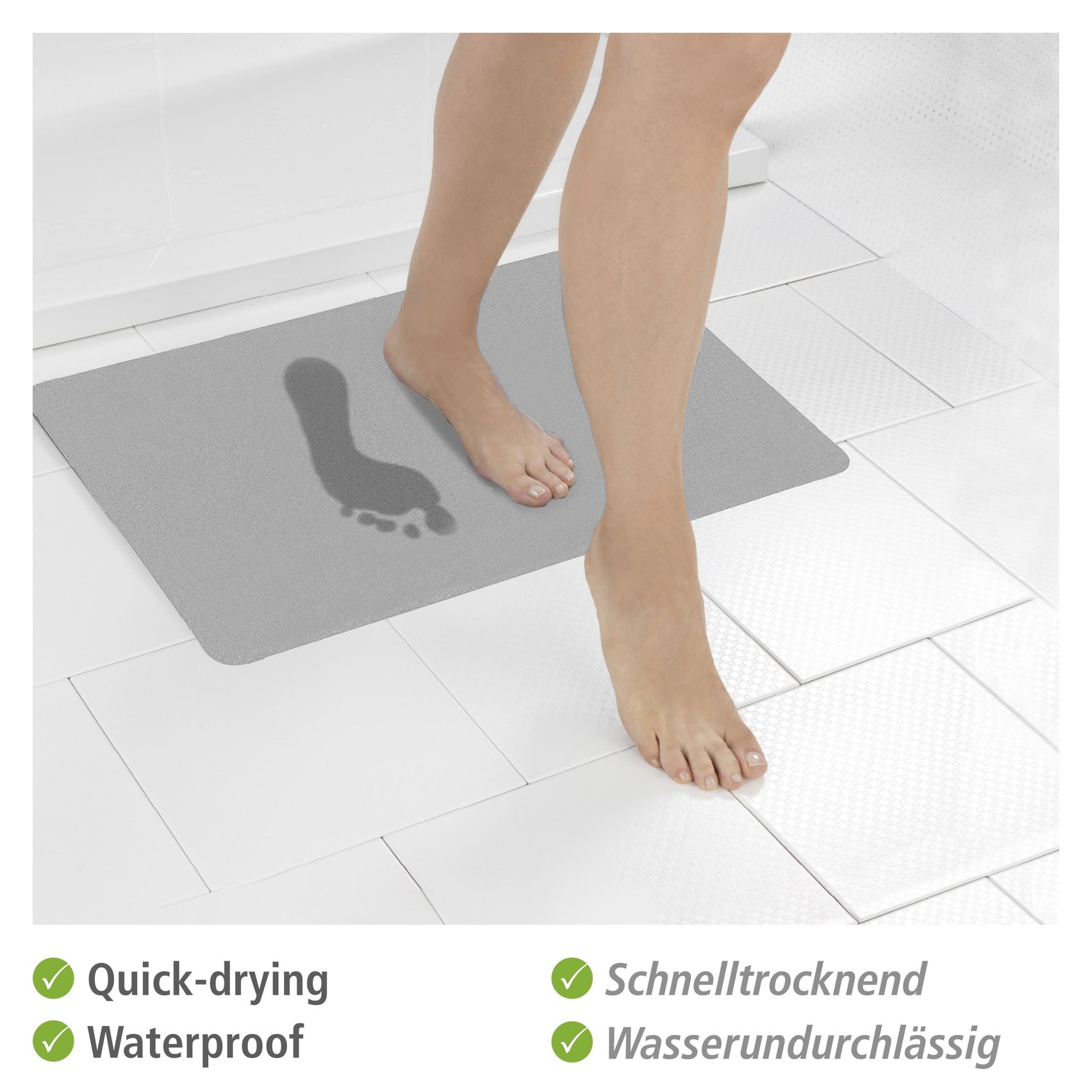 WENKO Badematte Höhe 5 mm fußbodenheizungsgeeignet | schnell trocknend wasserabsorbierend, rutschfeste Unterseite, Polyester-Oberfläche