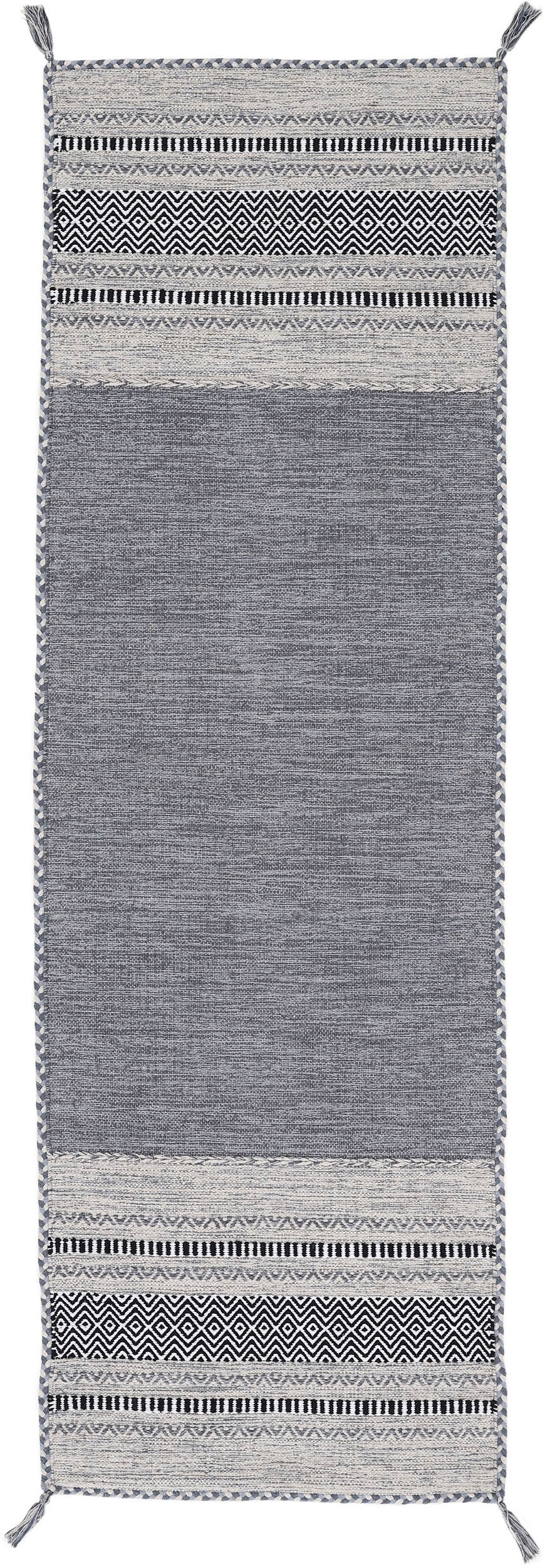 Teppich CARPETFINE "Kelim Azizi, auch als Läufer erhältlich", grau, B:80cm H:5mm L:500cm, Baumwolle, Teppiche, Teppich, handgewebt, Baumwolle, Wendeteppich mit Fransen, Fleckerl, Wohnzimmer