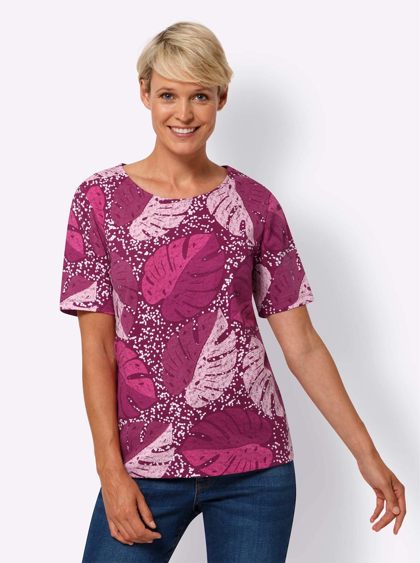 T-Shirt CLASSIC BASICS "Druck-Shirt", Damen, Gr. 50, lila (malve, weiß, bedruckt), 100% Baumwolle, gemustert, mehrfarbig, Rundhals, Shirts T-Shirt