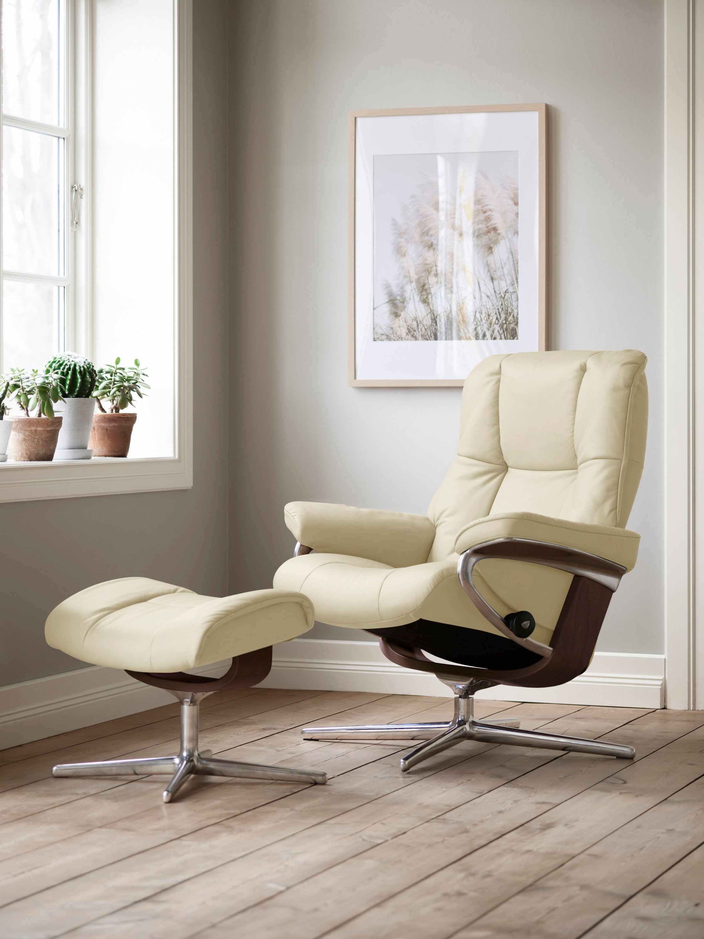 Stressless Relaxsessel "Mayfair" Set, Relaxsessel mit Hocker, mit Hocker, mit Cross Base, Größe S, M & L, Holzakzent Braun