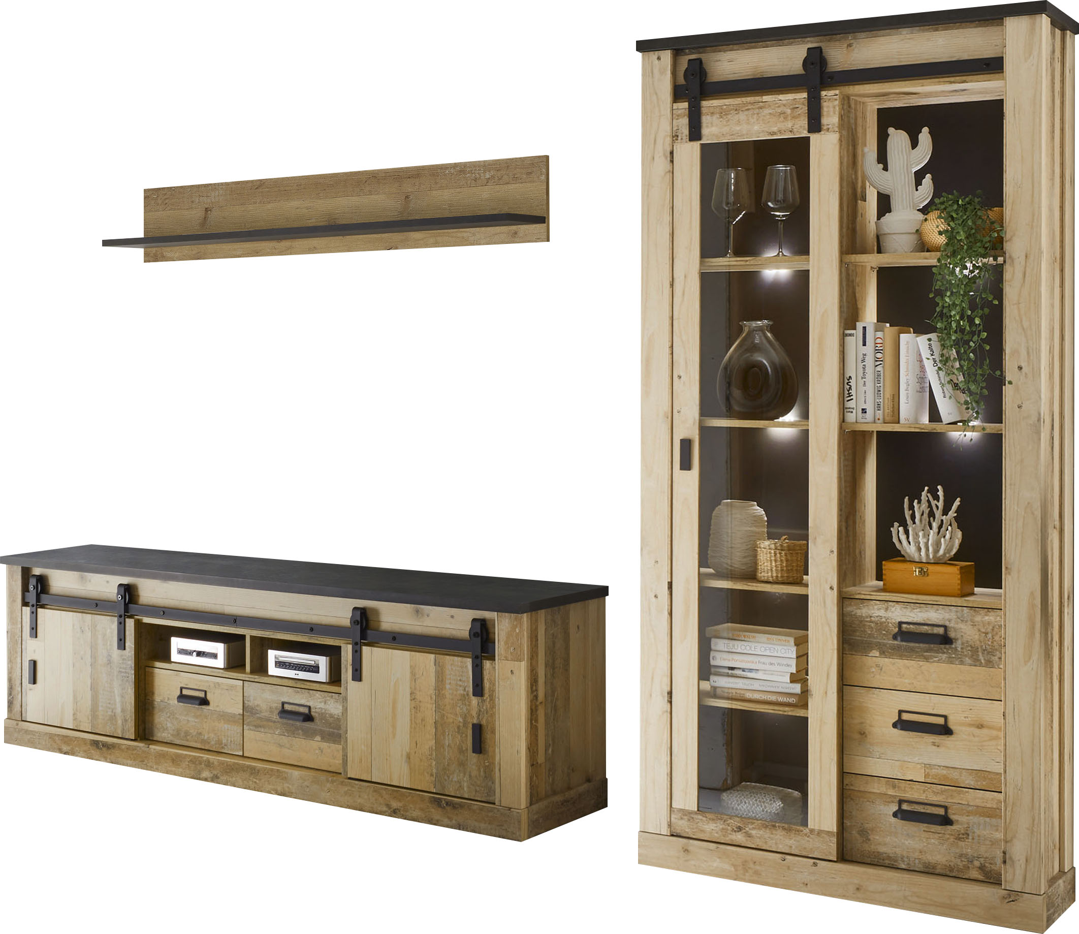 Home affaire Wohnwand "Sherwood, Anbauwand im Industrial-Style, Komplettset, Wohnzimmer-Set" 3 Stk. tlg.