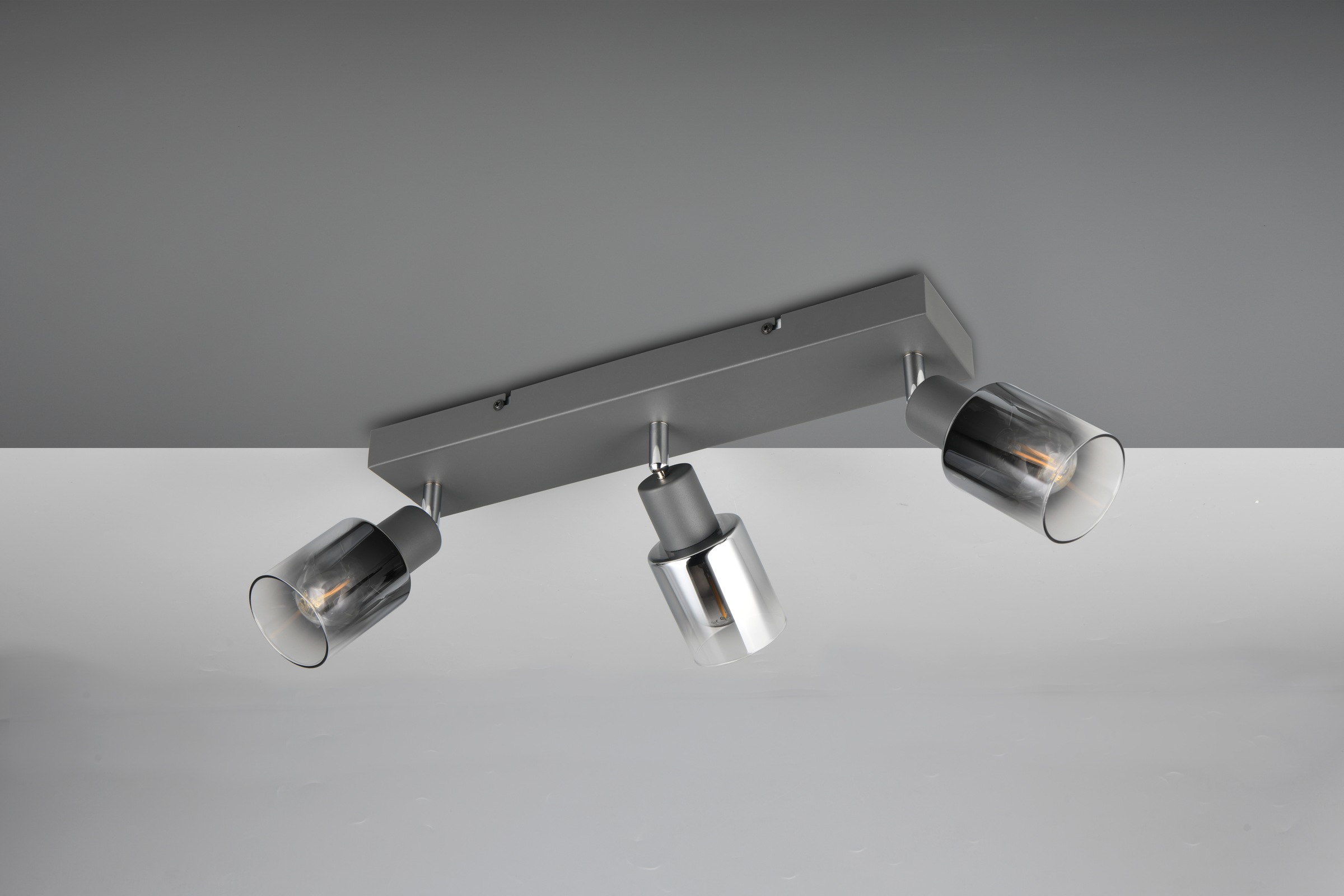 REALITY Leuchten Deckenstrahler »CADIZ, Spot 3-flammig, exkl 3xE14 max 10W, Glas anthrazit, verspiegelt«, 3 flammig, Leuchtmittel E14 | Leuchtmittel wechselbar, verstellbarer Deckenspot E14 Fassung, mit Glasschirm smoke Farbverlauf