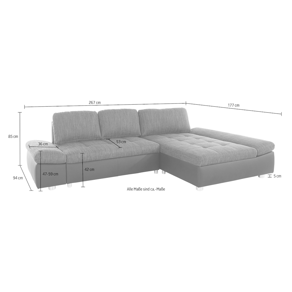 sit&more Ecksofa »Bergamo L-Form«, wahlweise mit Bettfunktion, Bettkasten und Armteilfunktion