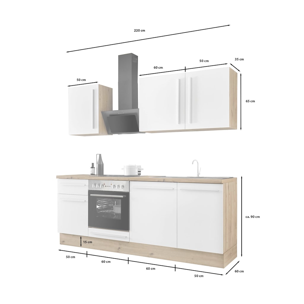 Kochstation Küchenzeile »Florida mit 38mm starker Arbeitsplatte«, Breite 220 cm, wahlweise mit E-Geräten, Soft-Close-Funktion