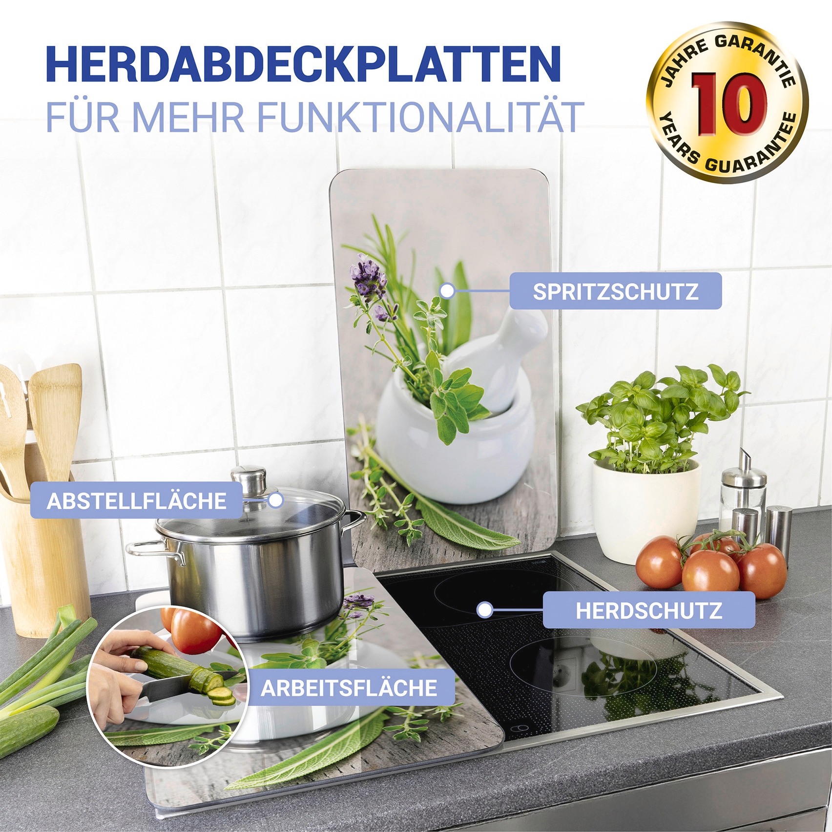 WENKO Herd-Abdeckplatte »Universal Modell Kräutergarten«, (Set, 2 tlg.), Herdabdeckung für alle Herdarten, kratzfest, mit rutschfesten Füßen