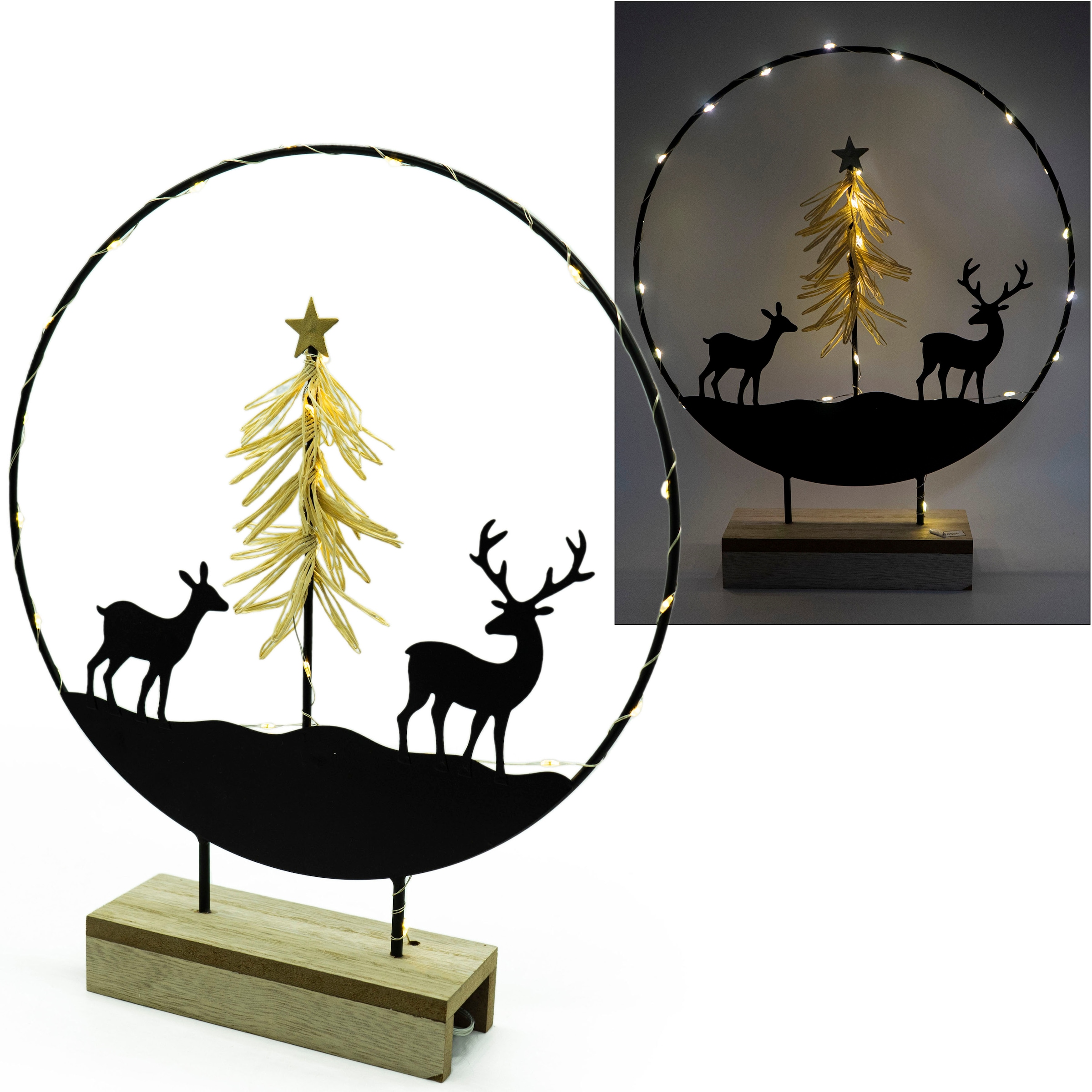 NOOR LIVING Dekolicht »LED Weihnachtsdeko auf Holzsockel, Höhe ca. 36,5 cm«, Dekoring mit Reh und Baum, Dekofigur, Batteriebetrieben