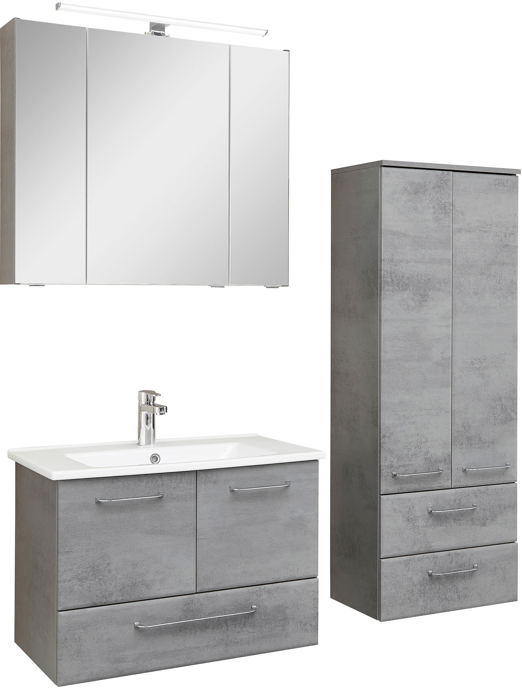 Saphir Badmöbel-Set »Quickset 945 3-teilig, Keramik-Waschtisch mit LED-Spiegelschrank«, (4 St.), Midischrank, 7 Türen, 3 Schubladen, 8 Einlegeböden, inkl. Türdämpfer