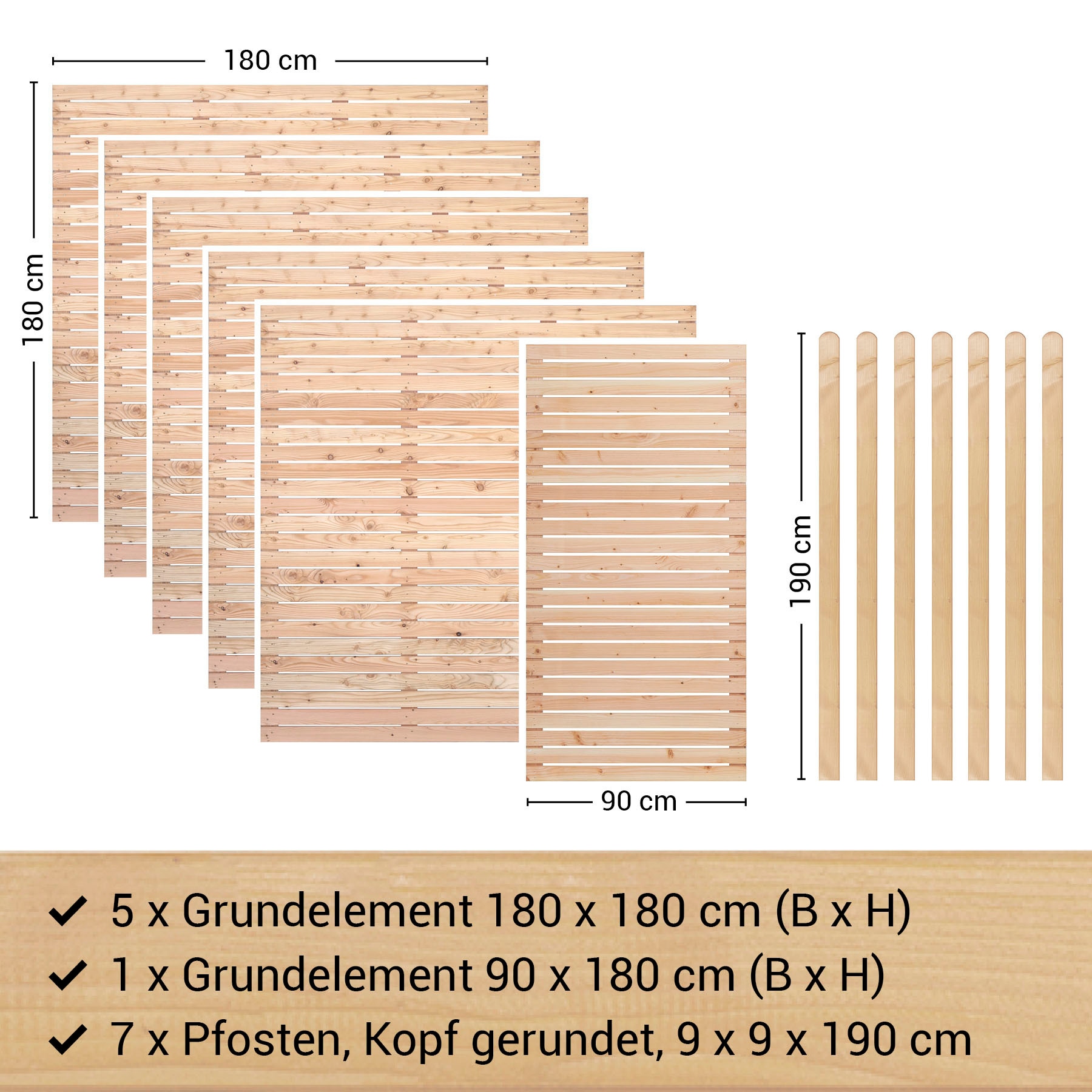 BM Massivholz Zaun »Kurt Set 5.1«, 5 Elemente 180 x 180cm, 1 Element 90x180cm, 7 Pfosten, Länge 190cm