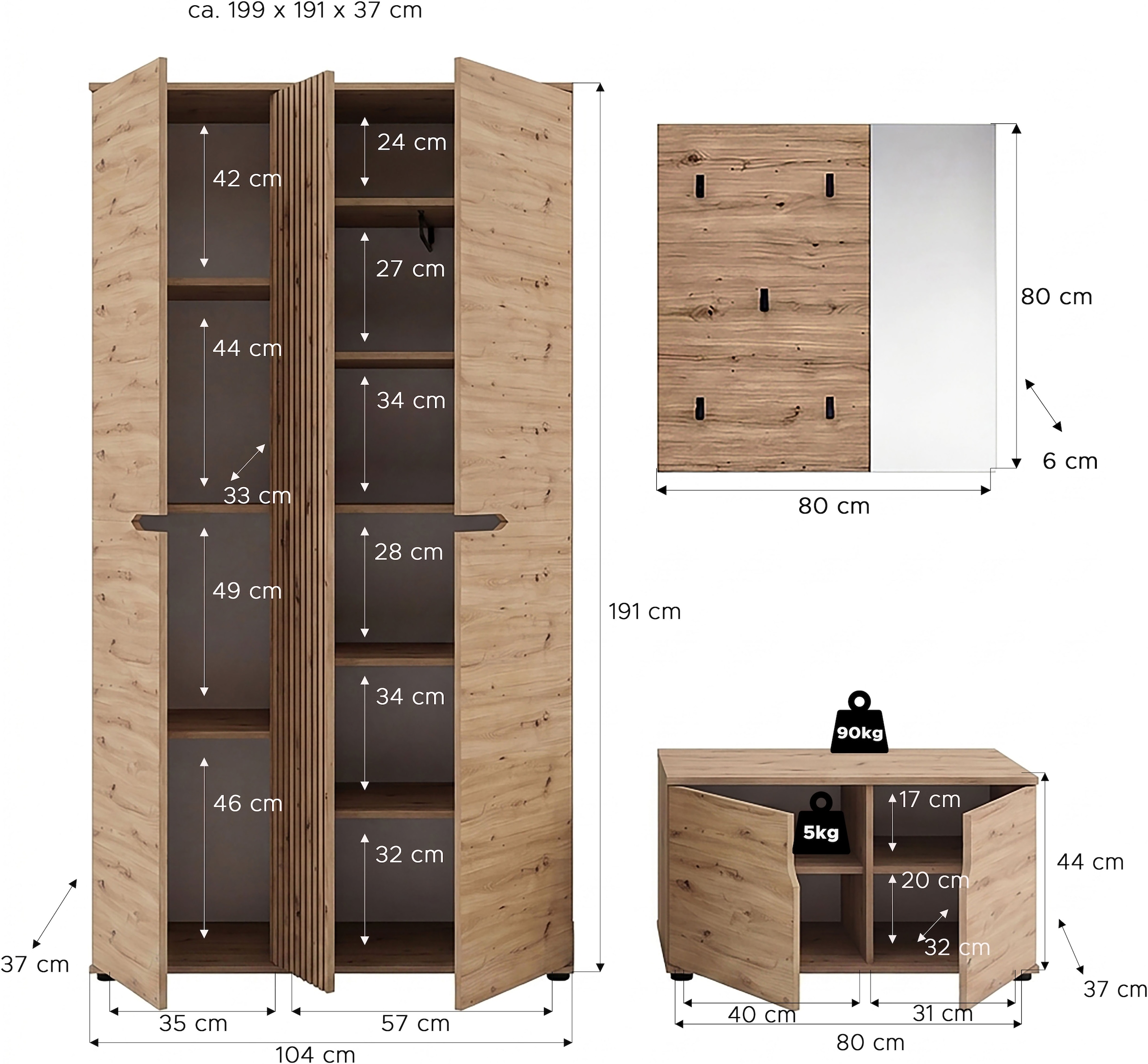 OTTO home Garderoben-Set »FJELL, 3-teilig, Breite 199cm, Front mit hochwertiger Längsfräsung«