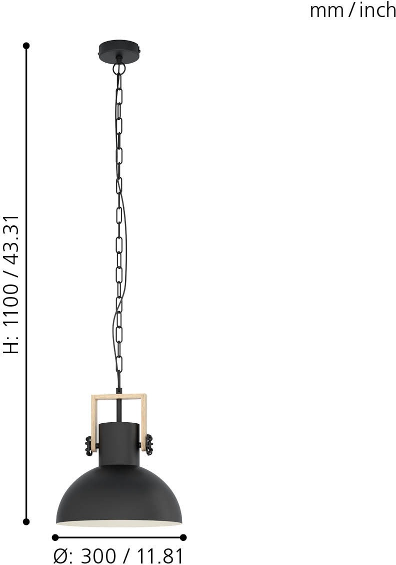EGLO Hängeleuchte »LUBENHAM Hängelampe,Vintage, Stahl und Holz, IP20, Pendellampe, Lampe«, 1 flammig, Leuchtmittel E27 | ohne Leuchtmittel, Pendelleuchte, Esszimmer, H110 x Ø30 cm, schwarz, braun, 1X28W exkl.