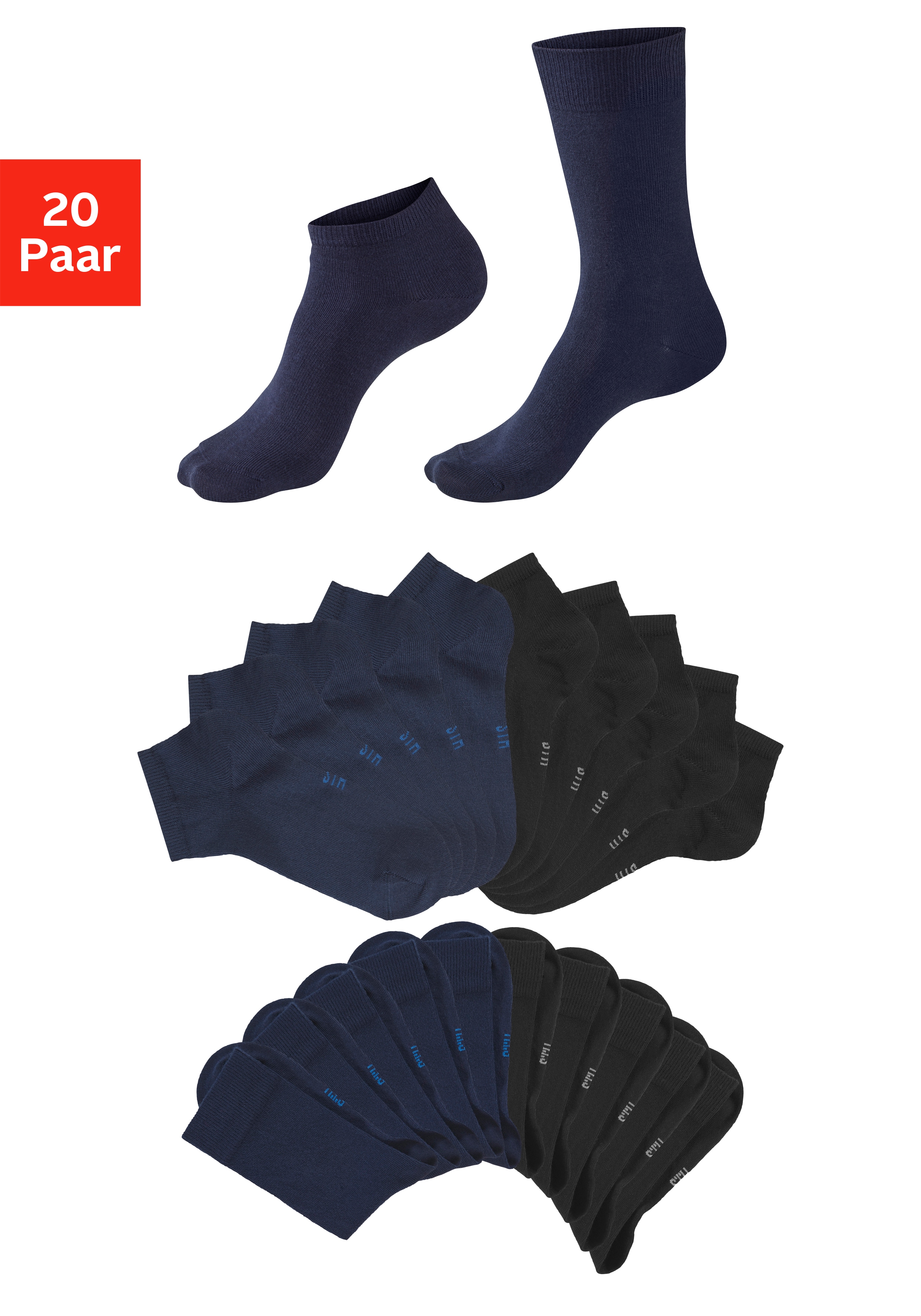 H.I.S Basicsocken "Damen und Herren Atmungsaktiver Baumwollanteil; Business, Basic" Packung, 20 Paar tlg. zwei Längen im Kombi Pack