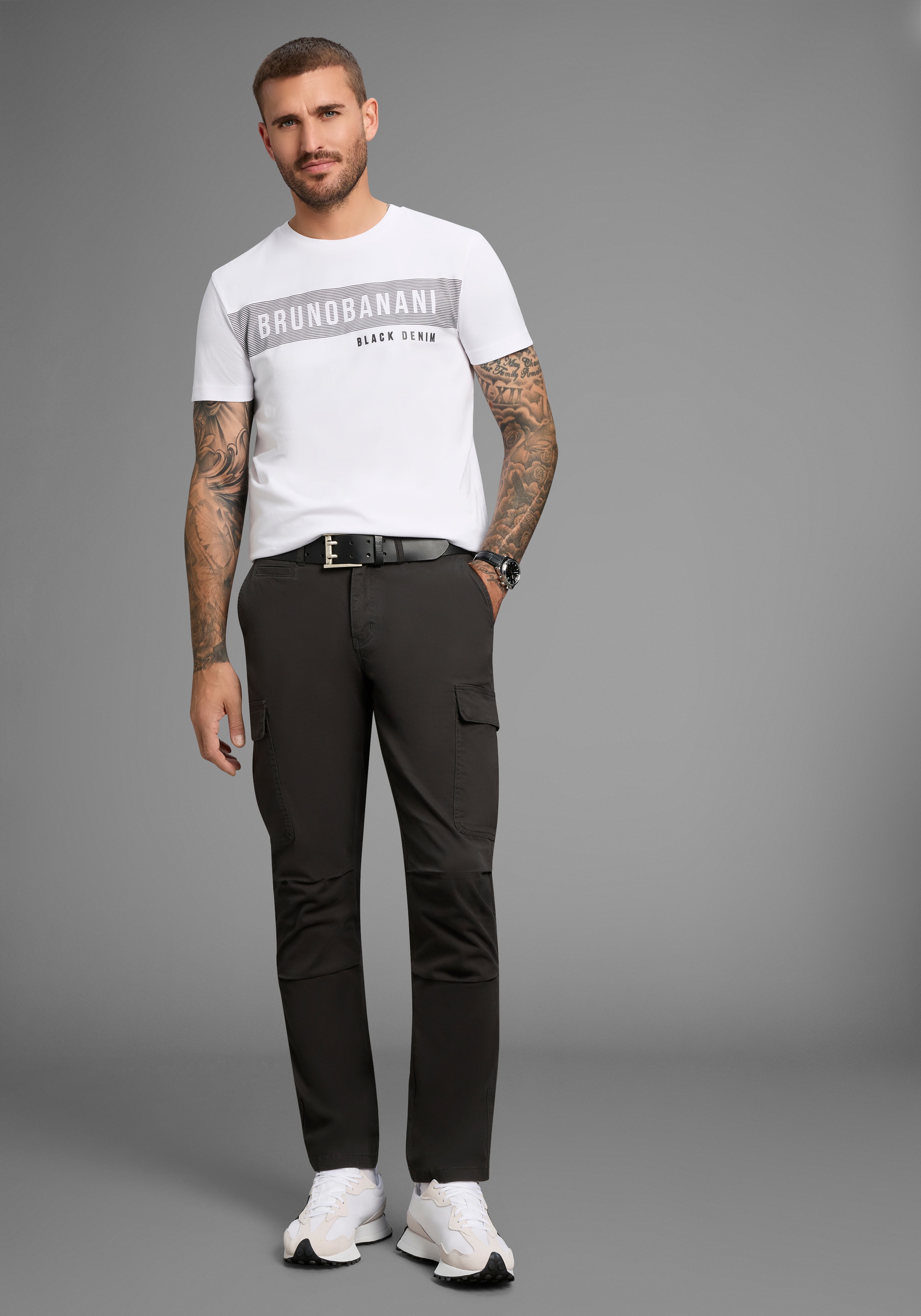 Cargohose BRUNO BANANI, Herren, Gr. 36, Länge 34, schwarz, Web, Obermaterial: 98% Baumwolle, 2% Elasthan, unifarben, straight fit lang, Hosen Cargohose, moderne Passform, eng anliegende Cargotaschen 3