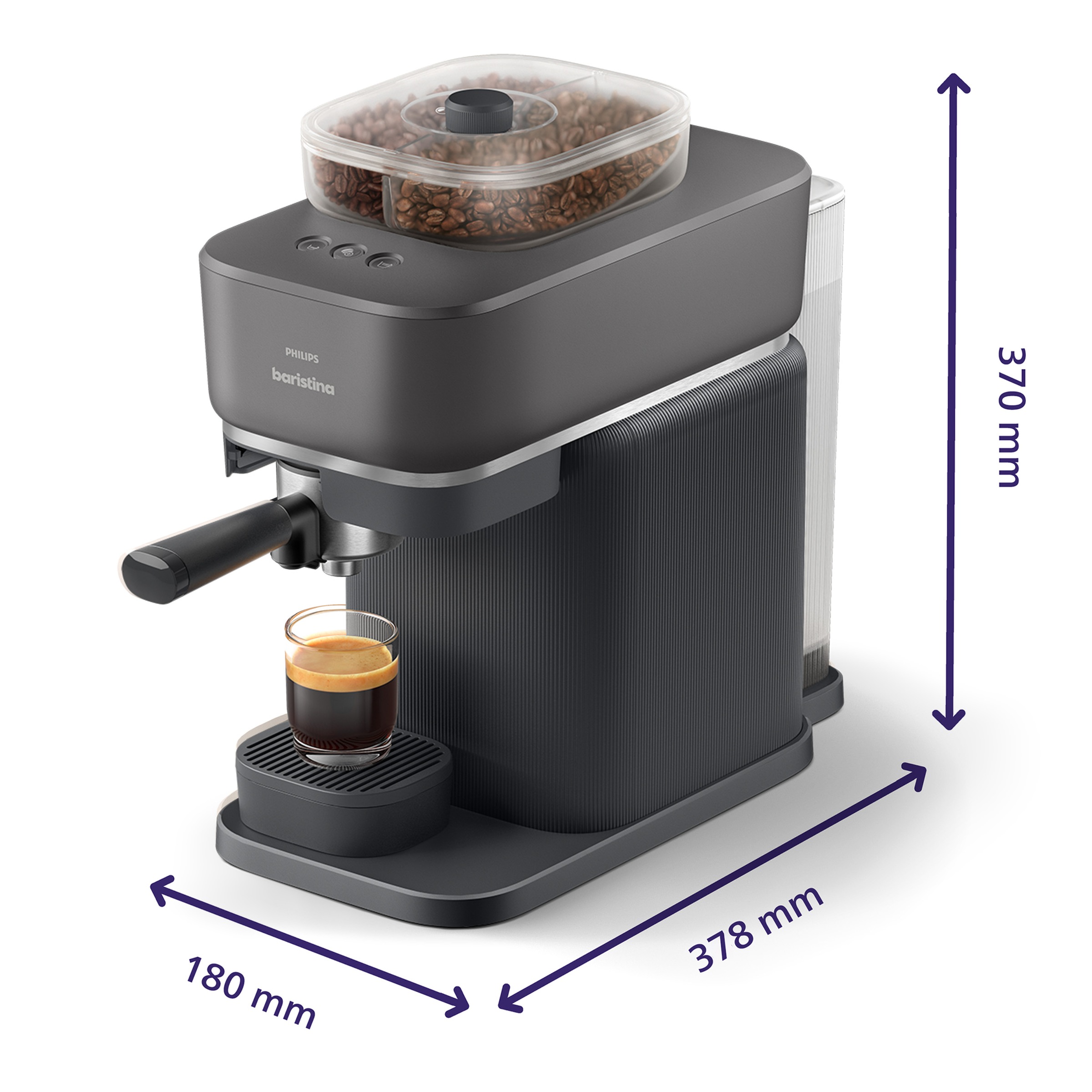PHILIPS baristina Espressomaschine »mit Bean swap BAR320/60 mit Mahlwerk für ganze Bohnen«, Doppelter Bohnenbehälter, 16 bar Pumpendruck, Schwarzgrau
