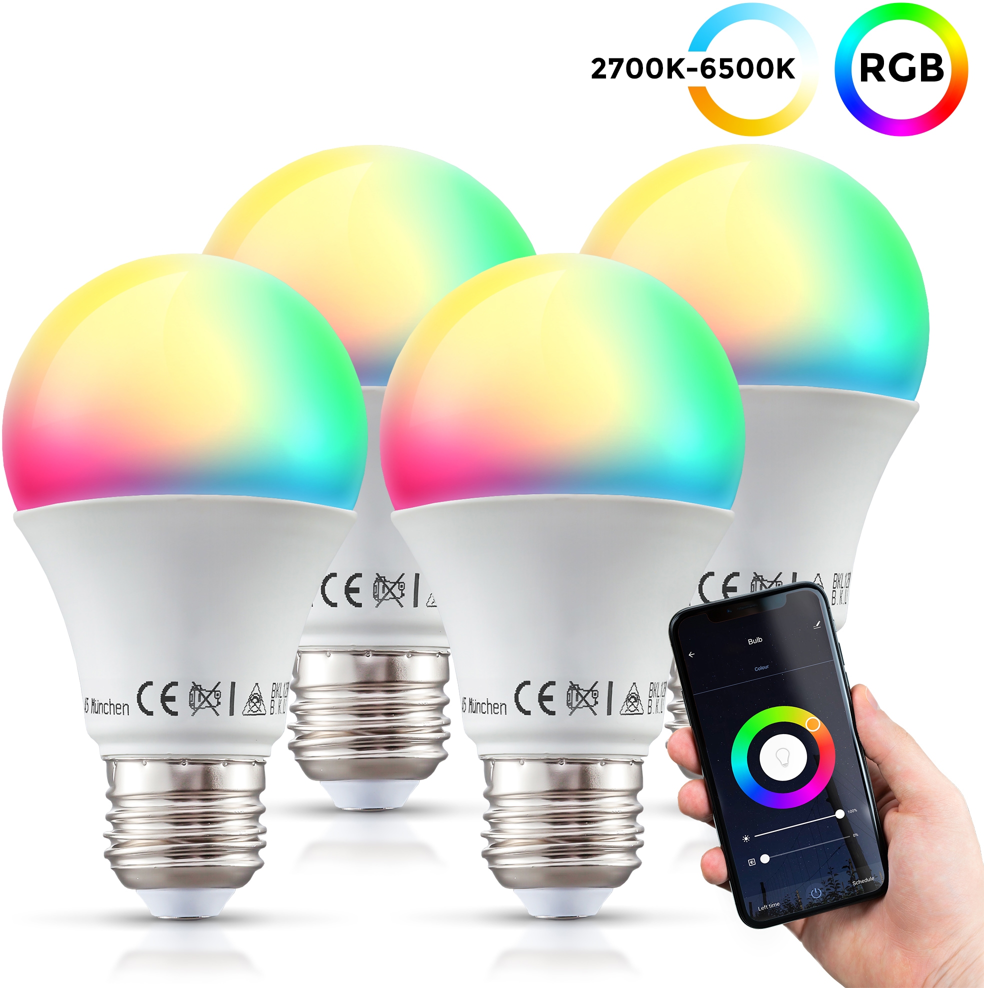 B.K.Licht LED-Leuchtmittel, E27, 4 St., Farbwechsler, Smart Home LED-Lampe, RGB, WiFi, App-Steuerung, dimmbar