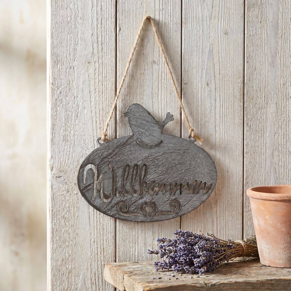 Ambiente Haus Gartenstecker "Willkommen Schild mit Vogel (B) 20cm" zum Aufhängen mit Schnur für Innen- u. Außenbereich