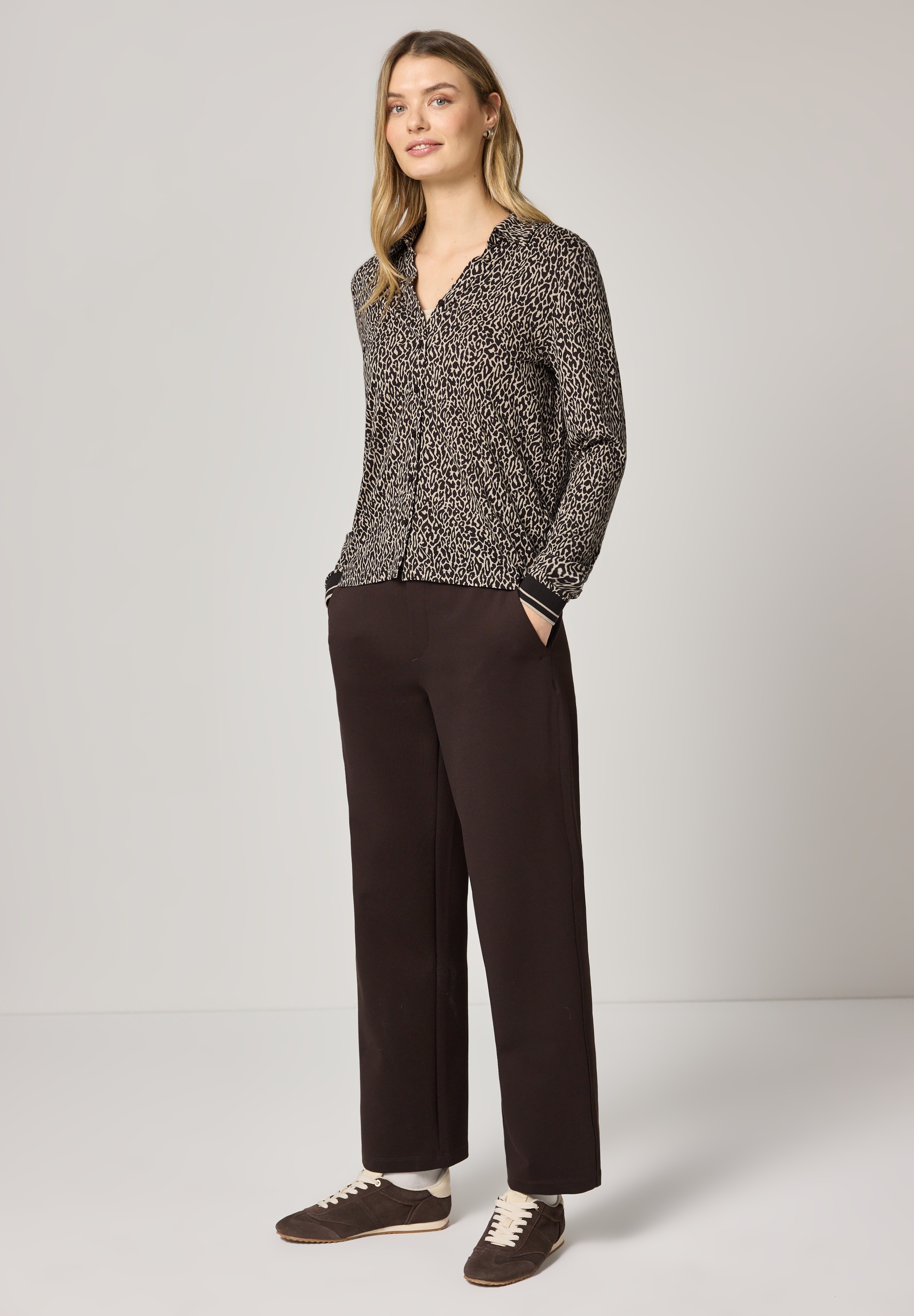 Langarmshirt STREET ONE, Damen, Gr. 42, molten earth, Stoff, 50% Modal, 50% Baumwolle, normal normal, V-Ausschnitt, elastischer Bund, Shirts Langarmshirt, im Leo Design 6