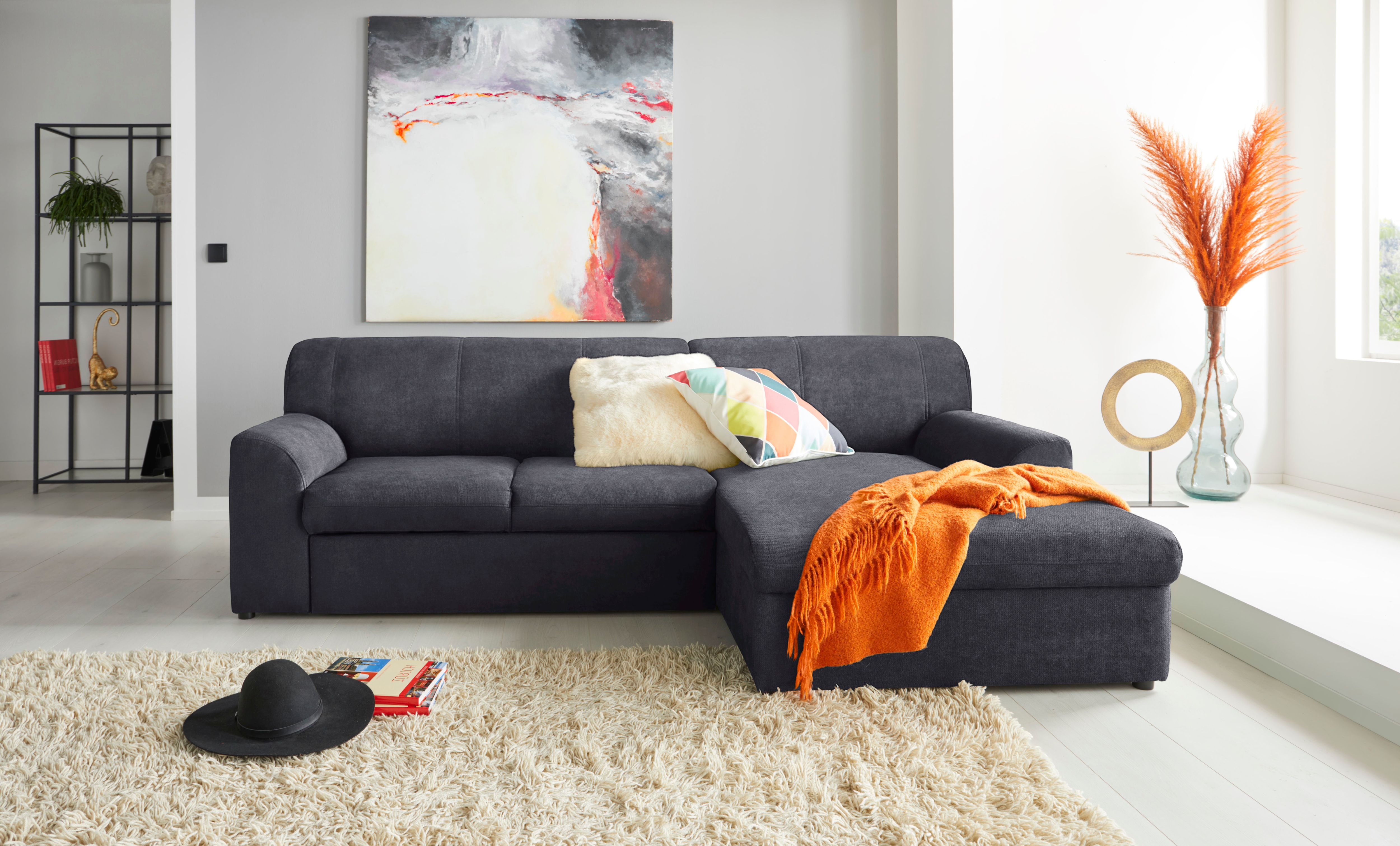 DOMO collection "Topper, elegant und zeitlos, kompaktes Stellmaß 245/155cm, L-Form" mit Recamiere, wahlweise mit Schlaffunktion
