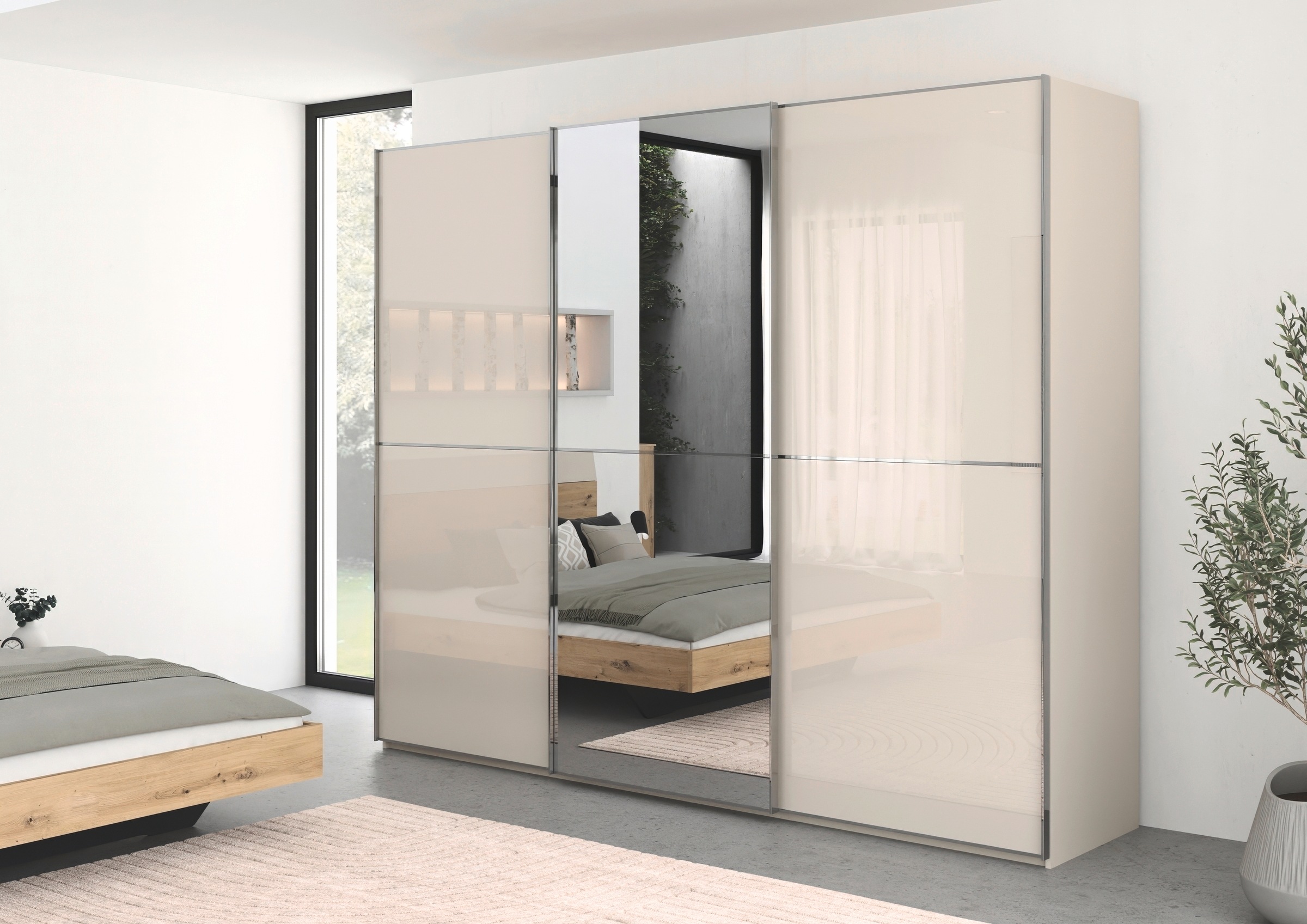 rauch Schwebetürenschrank »Kleiderschrank Schrank Garderobe Schlafzimmerschrank SCALE-DUO«, edle zweigeteilte Türen Spiegel/Glas-Mix 3 Zierleisten MADE IN GERMANY