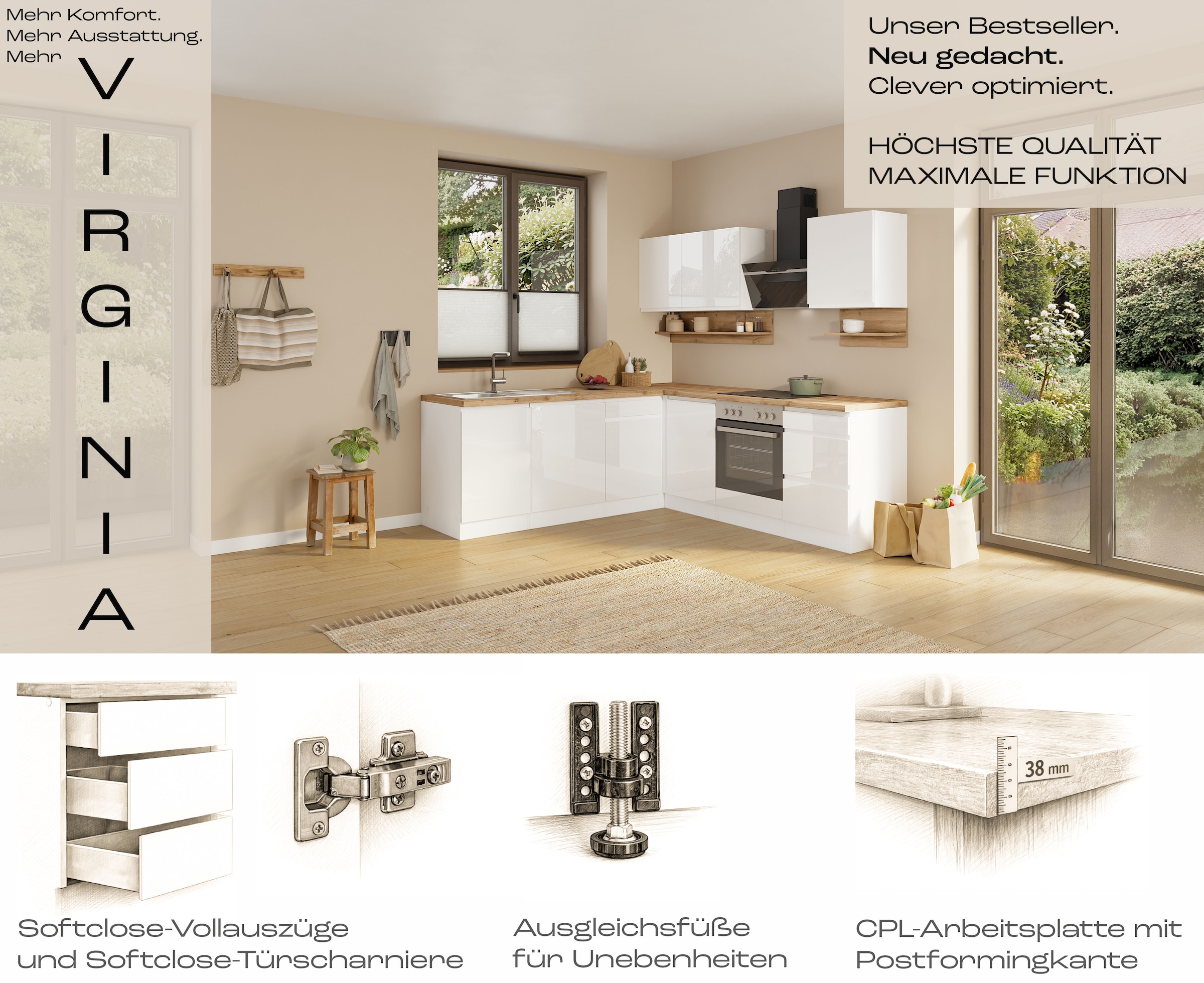 KOCHSTATION Winkelküche »KS-Virginia,neu in verbesserter Ausführung« Arbeitsplatte 38 mm stark, Stauraum, Softclose,  Stellbreite 220/220 cm, Soft-Close,wahlweise mit E-Geräten