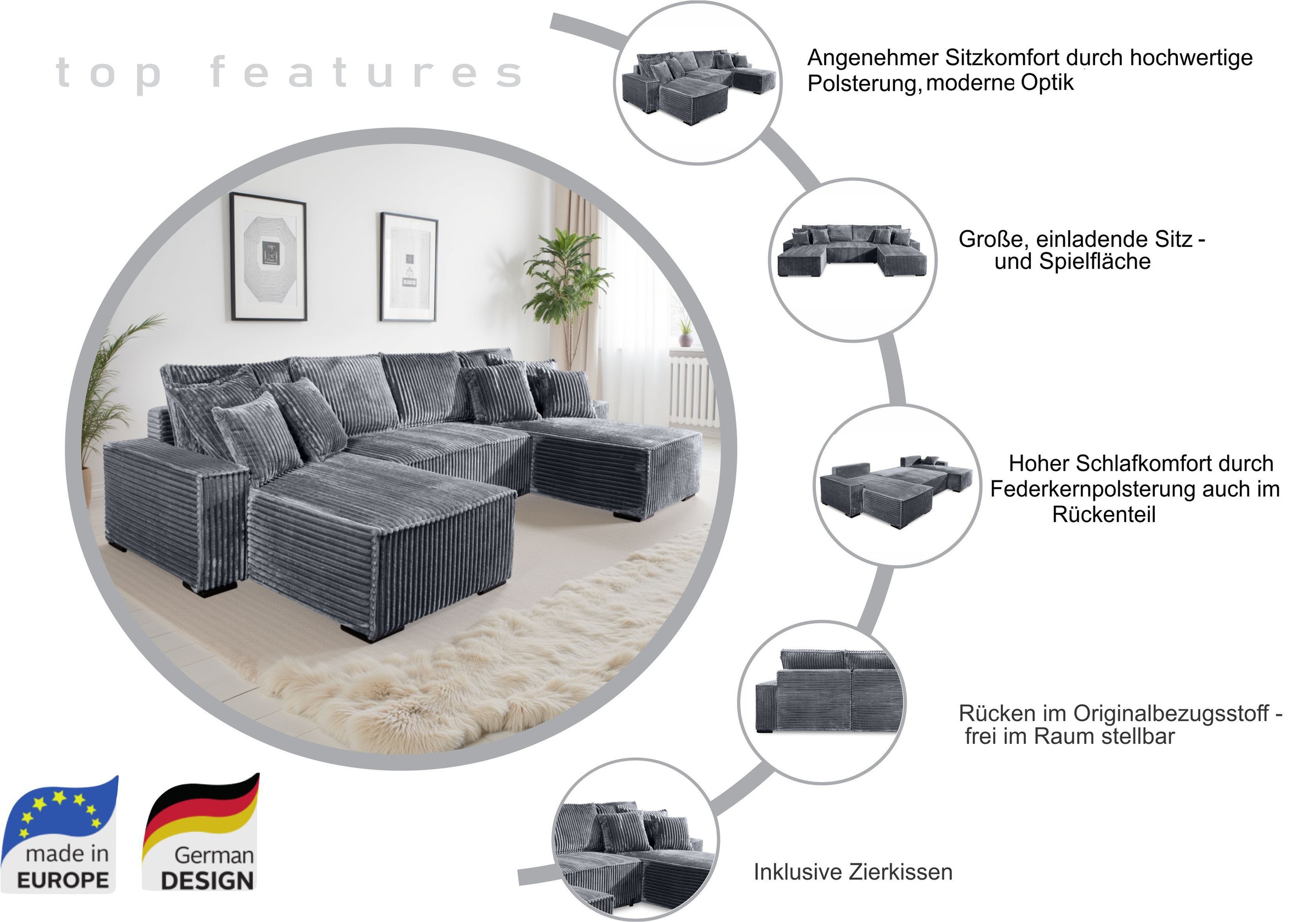 Thumbnail - COLLECTION AB Wohnlandschaft "Manhattan" Wohnlandschaft,2 Ottomane,Bonnelfederkern,Schlaffunktion