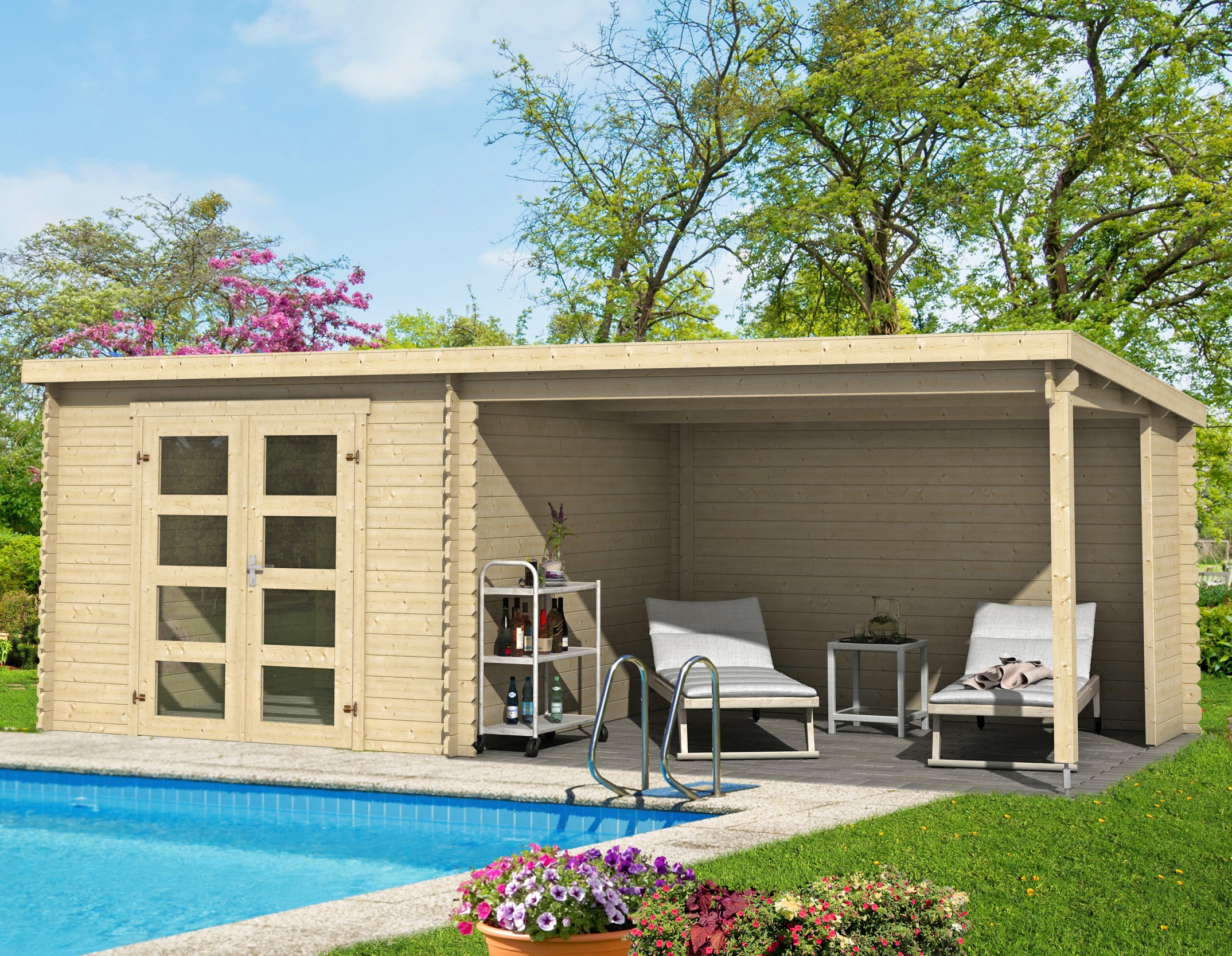 LASITA MAJA Gartenhaus "Novia 275 Plus" Blockbohlenhaus 28mm, mit Anbau