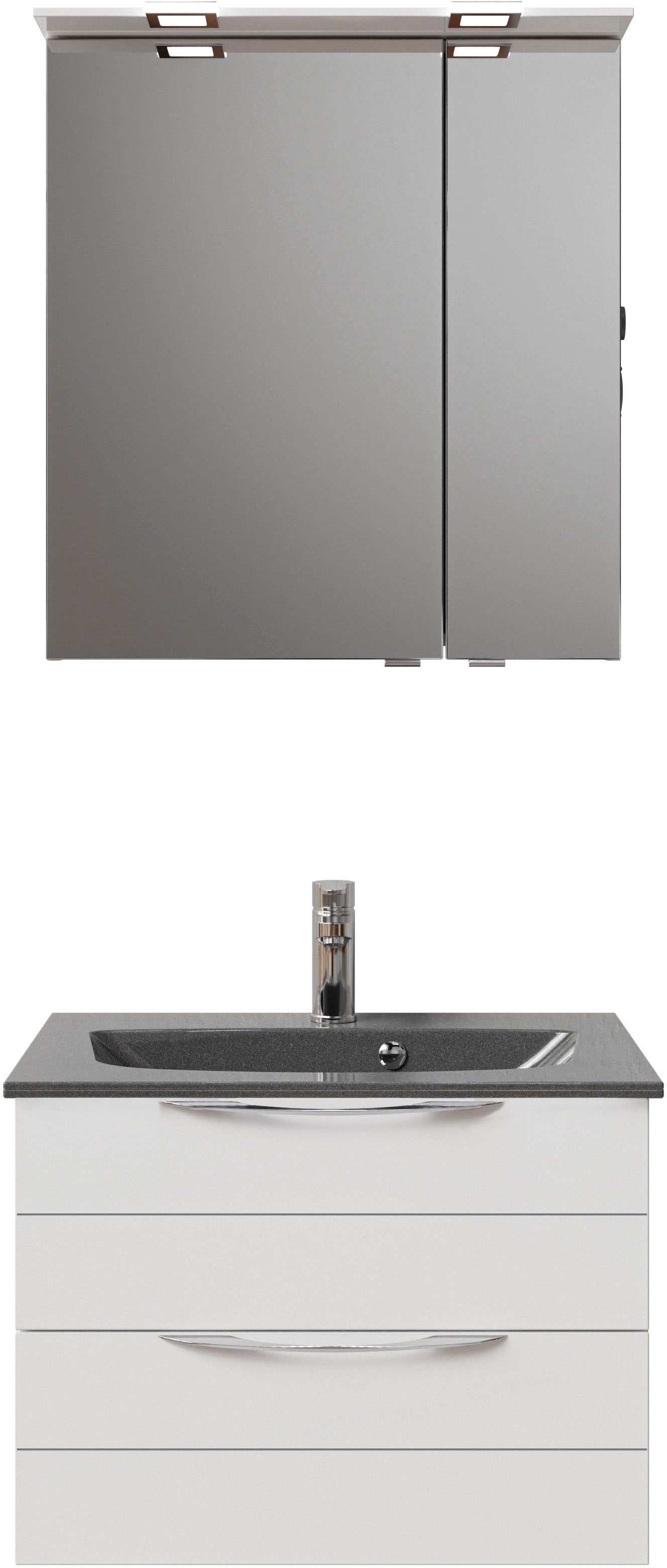 Saphir Badmöbel-Set »Serie 6025 2-teilig Mineralmarmor-Waschtisch mit LED-Spiegelschrank«, (2 St.), Waschplatz 67 cm breit, 2 Schubladen, 2 Spiegel-Türen, inkl Türdämpfer