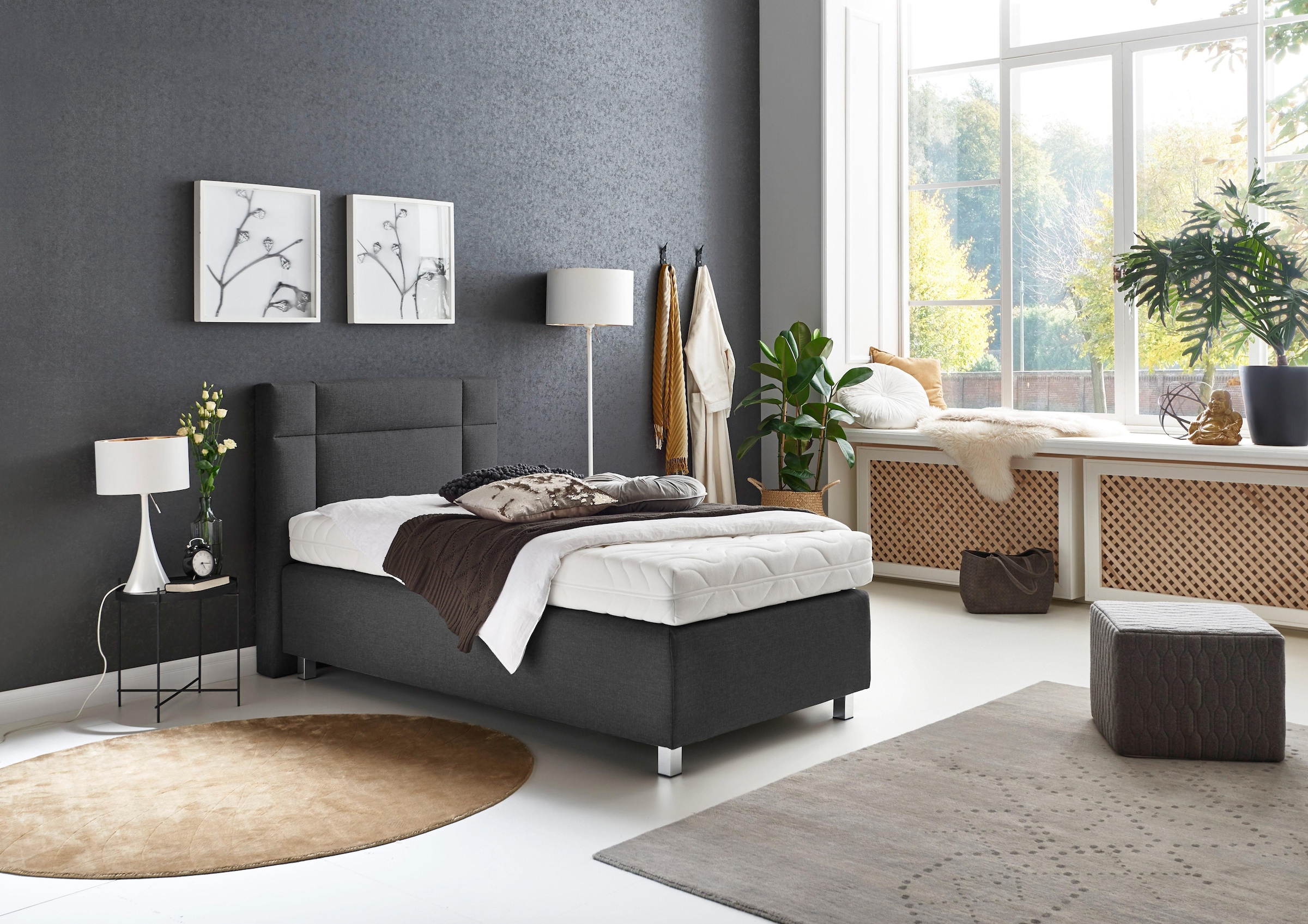 Boxspringbett, grau (feinstrukturstoff anthrazit), Kaltschaum-Topper, Liegefläche B/L: 100cm x 200cm, H3, 5-Zonen-Tonnentaschen-Federkernmatratze, Bezug Unterbox und Kopfteil: Feinstrukturstoff (77% Polyester, 23% Viskose);Bezug Obermatratze 100% Polyeste