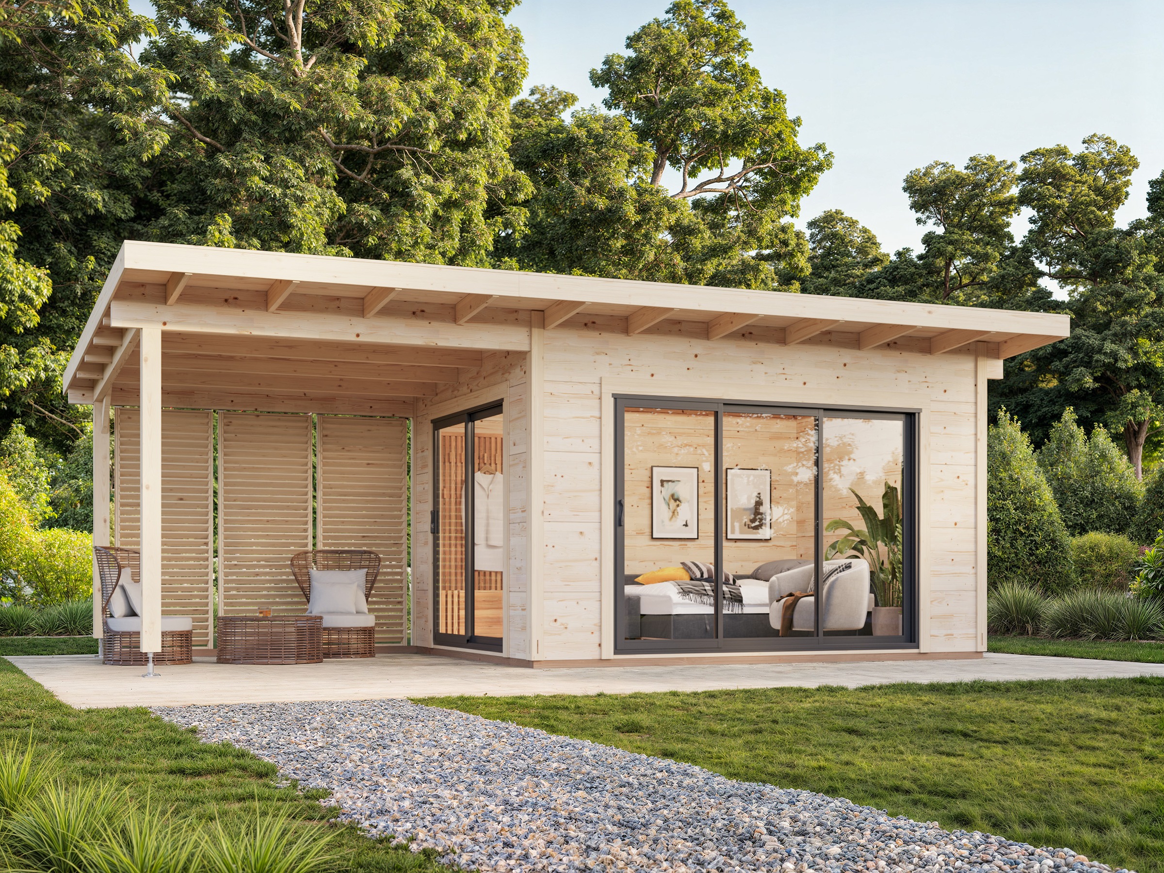Palmako Grace 4m x 3m Double Glazed Pent Log Cabin with Gazebo Sliding Doors Plus (56mm)
