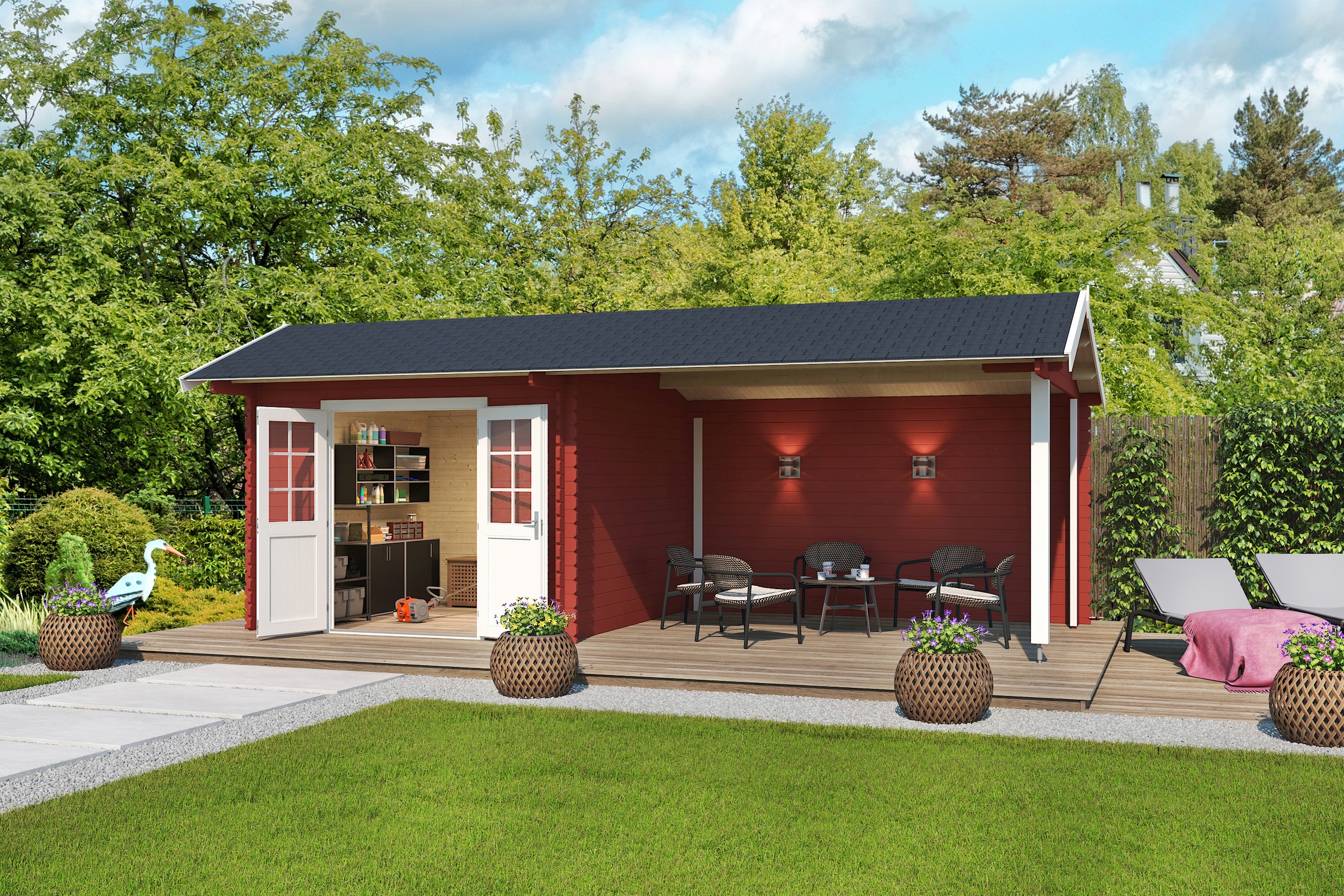 LASITA MAJA Gartenhaus »New York«, (Set), Blochbohlenhaus 34mm, Fundamentmass 3000x3000+3800, Schwedenrot