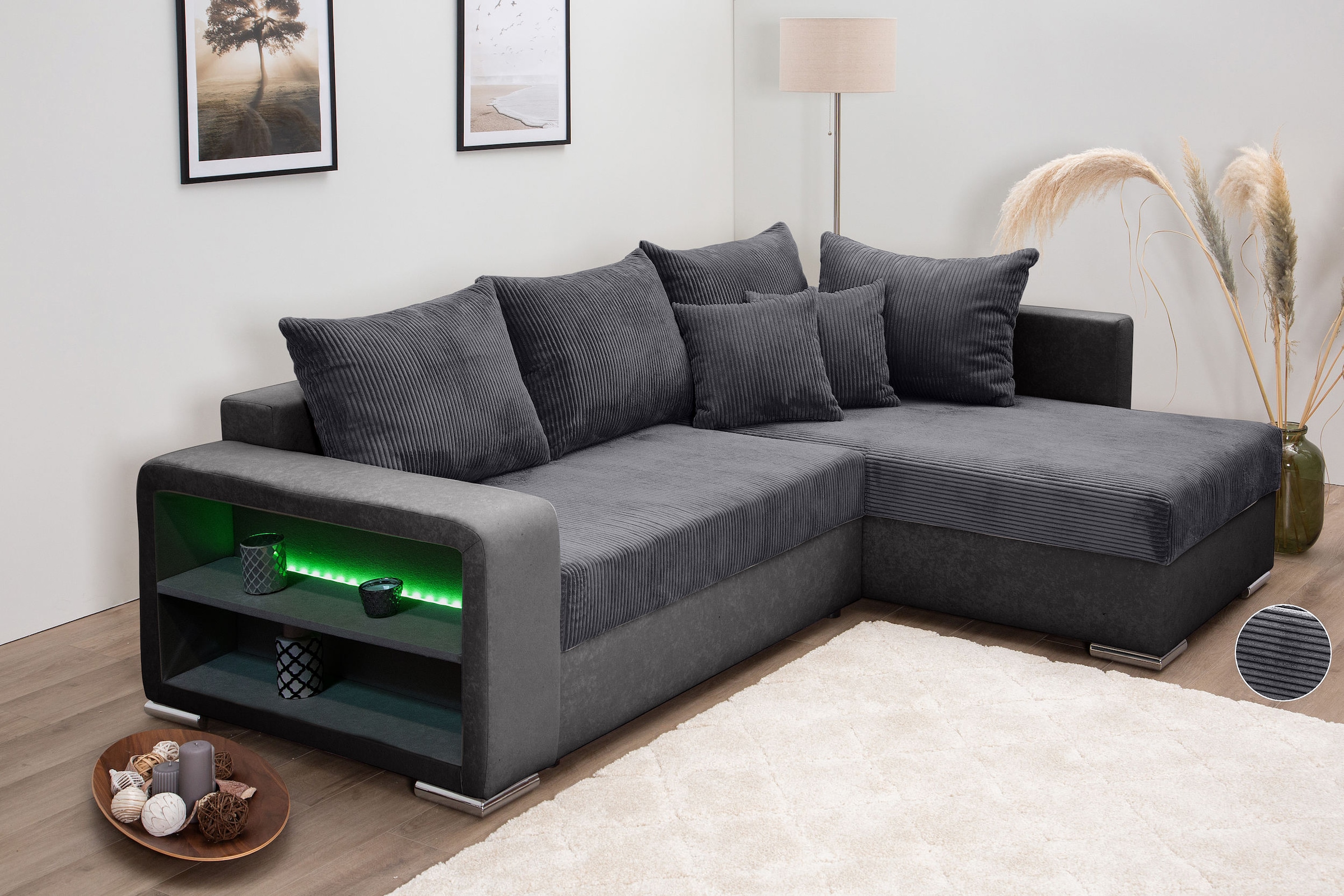 COLLECTION AB Ecksofa »L-Form«, Regalarmlehne mit LED RGB Beleuchtung,Bettfunktion und Bettkasten