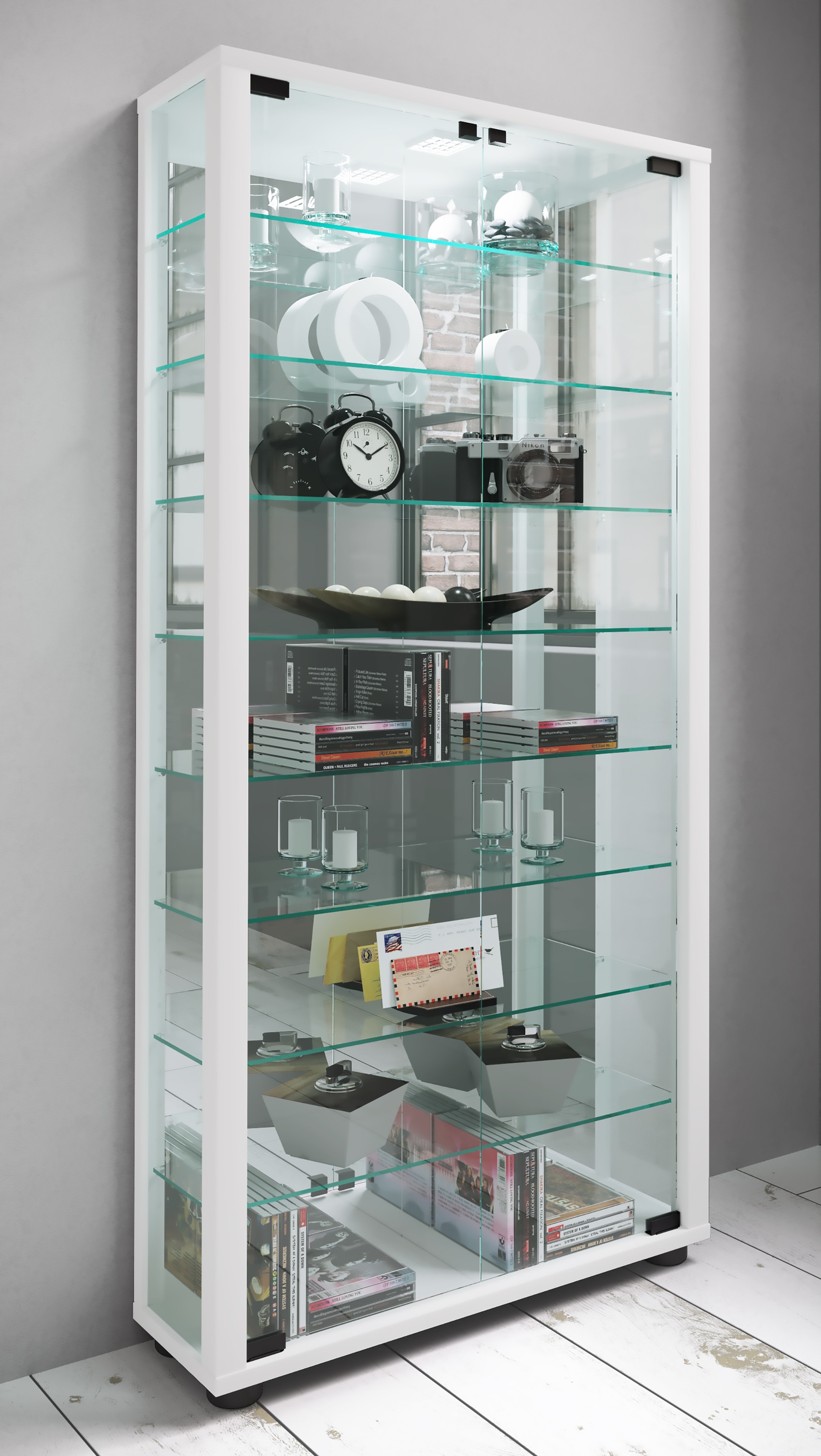 VCM Vitrine »VCM Glasvitrine stehend | Vitrine Glas mit ESG-Sicherheitsglas | Maße ca. H. 115 x B. 59 x T. 18 cm | Standvitrine Glas | Modern und platzsparend | Glas Vitrinenschrank ¿ Lumo Maxi Spiegel«, (1 St.)
