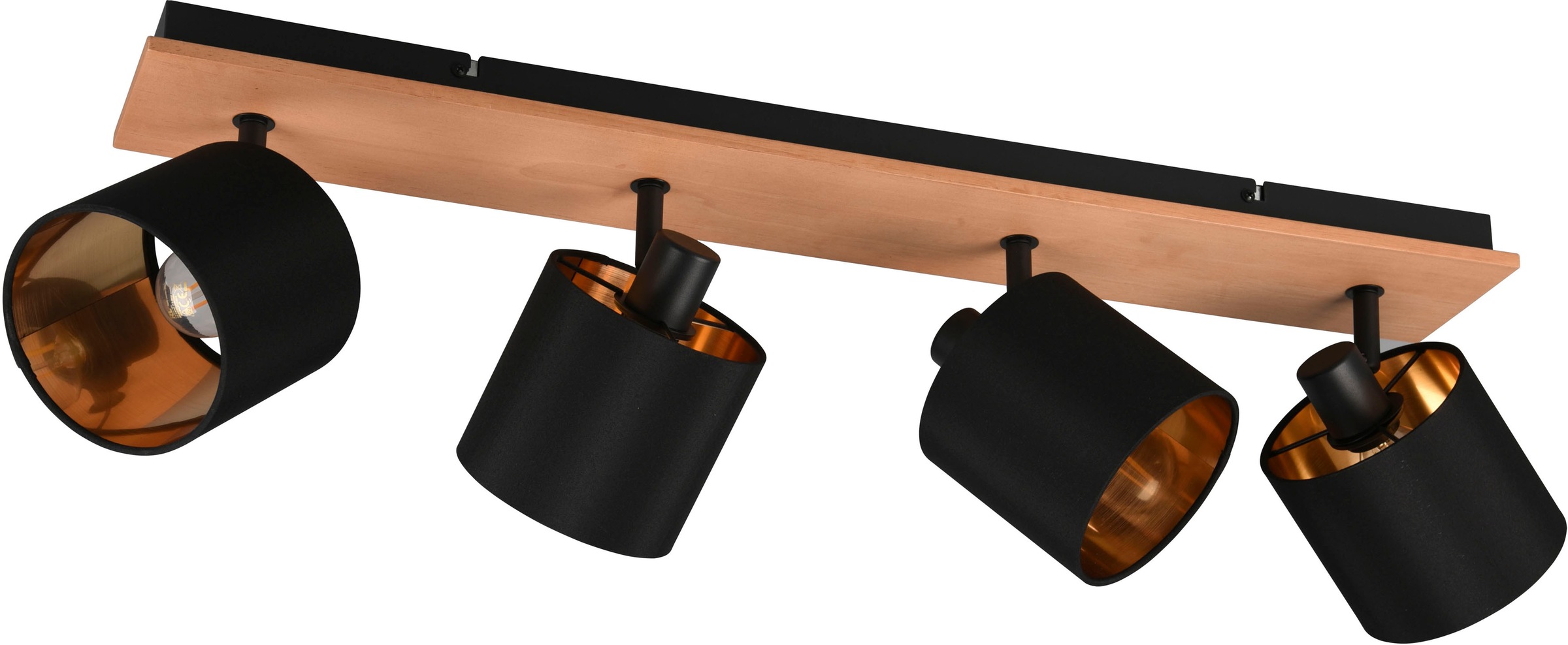 REALITY Leuchten Deckenstrahler »Tommy«, 4 flammig, Leuchtmittel E14 | ohne Leuchtmittel, 4er Spot Holzoptik schwenkbar Stoffschirm schwarz+gold, exkl 4xE14 28W