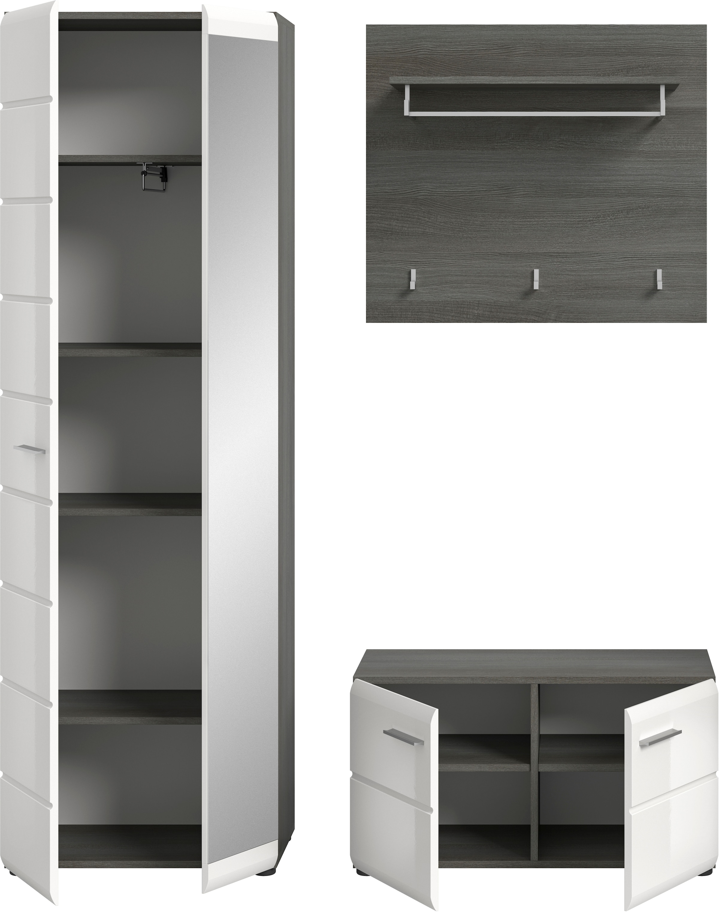 INOSIGN Garderoben-Set »Rumba, 3-teilig, Breite 155 cm, Hochglanz Front, bestehend aus:«, (3 St.), Garderobenschrank, Sitzbank, Garderobenpaneel